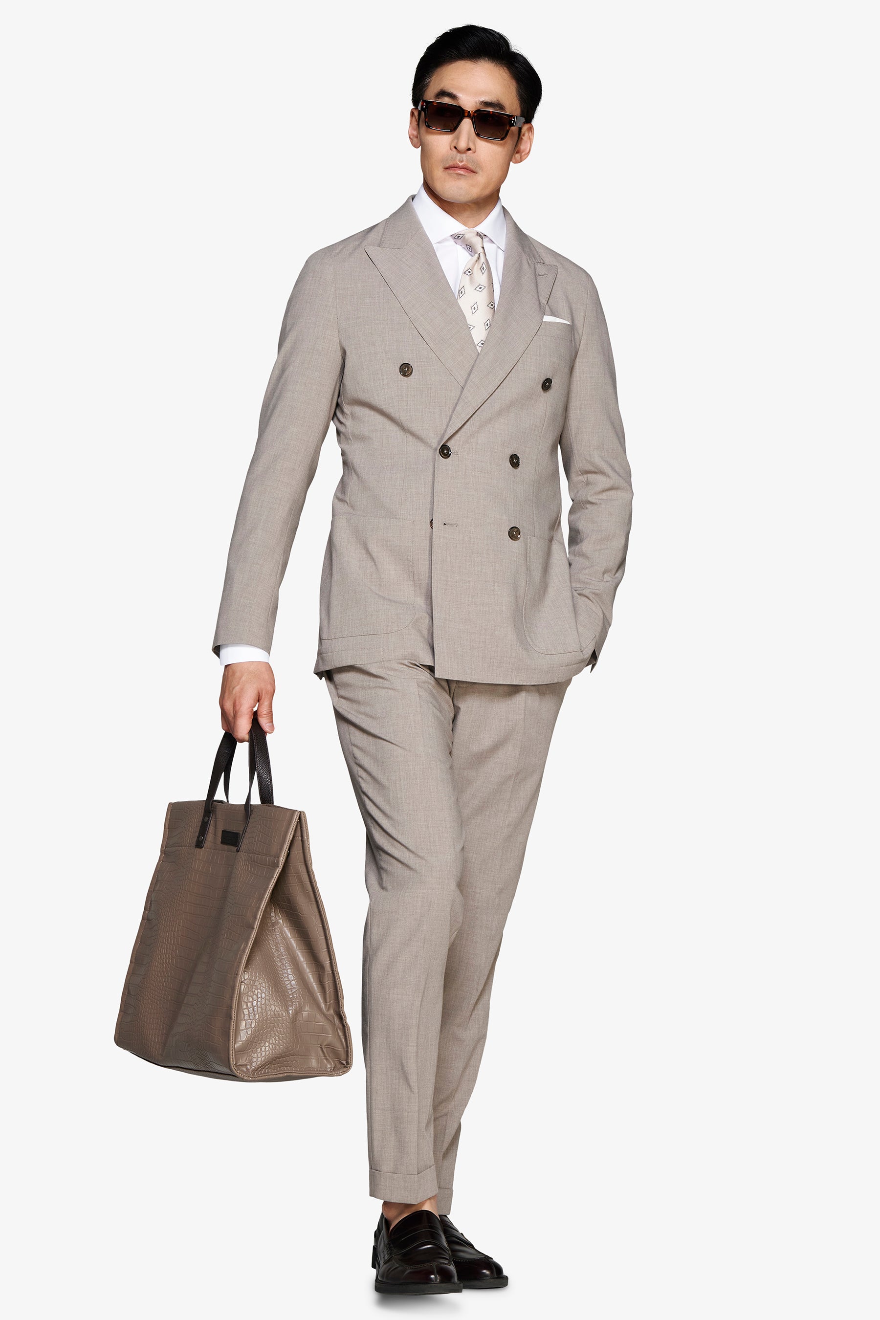 Zweireihige Jacke aus meliertem Canvas in Taupe.