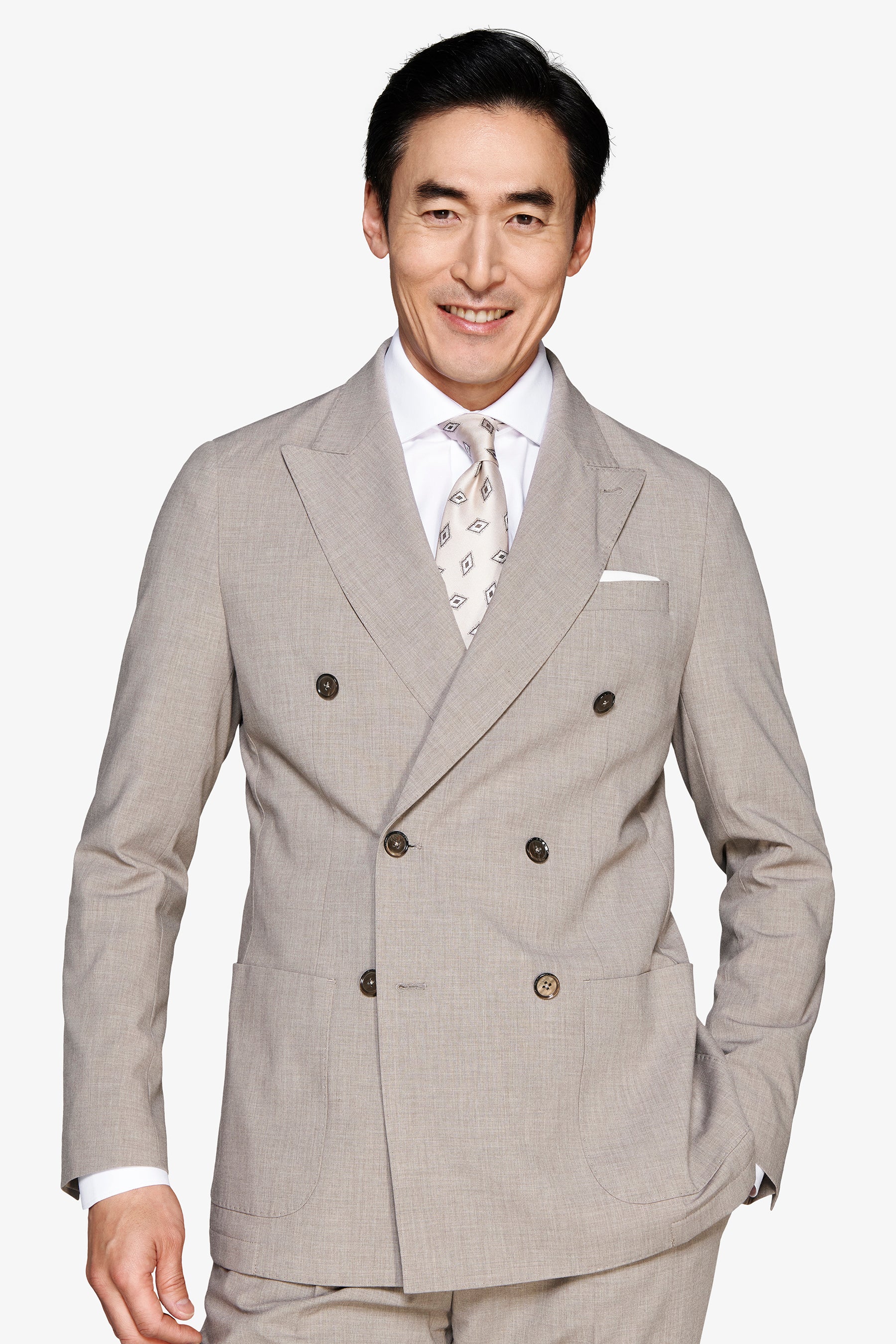 Zweireihige Jacke aus meliertem Canvas in Taupe.