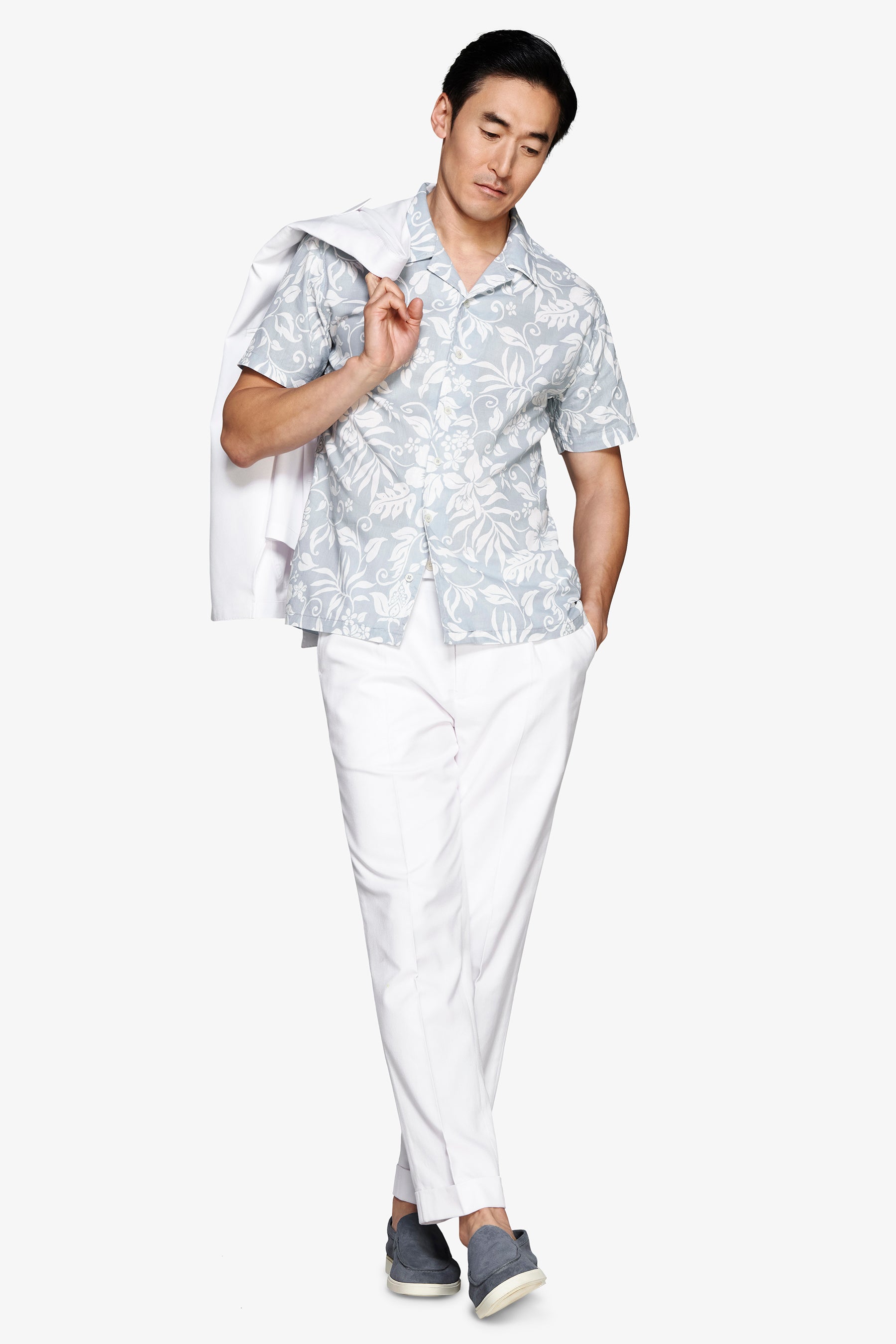 Camicia misto lino hawaiana celeste
