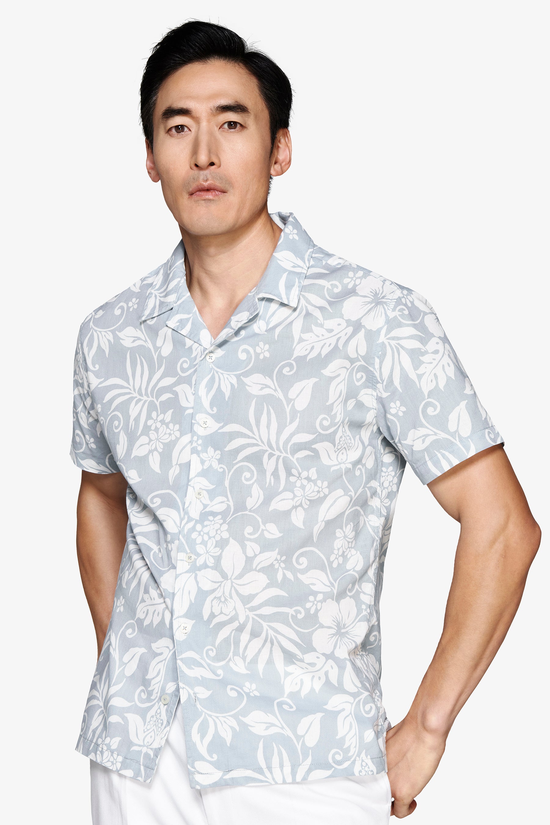 Camicia misto lino hawaiana celeste