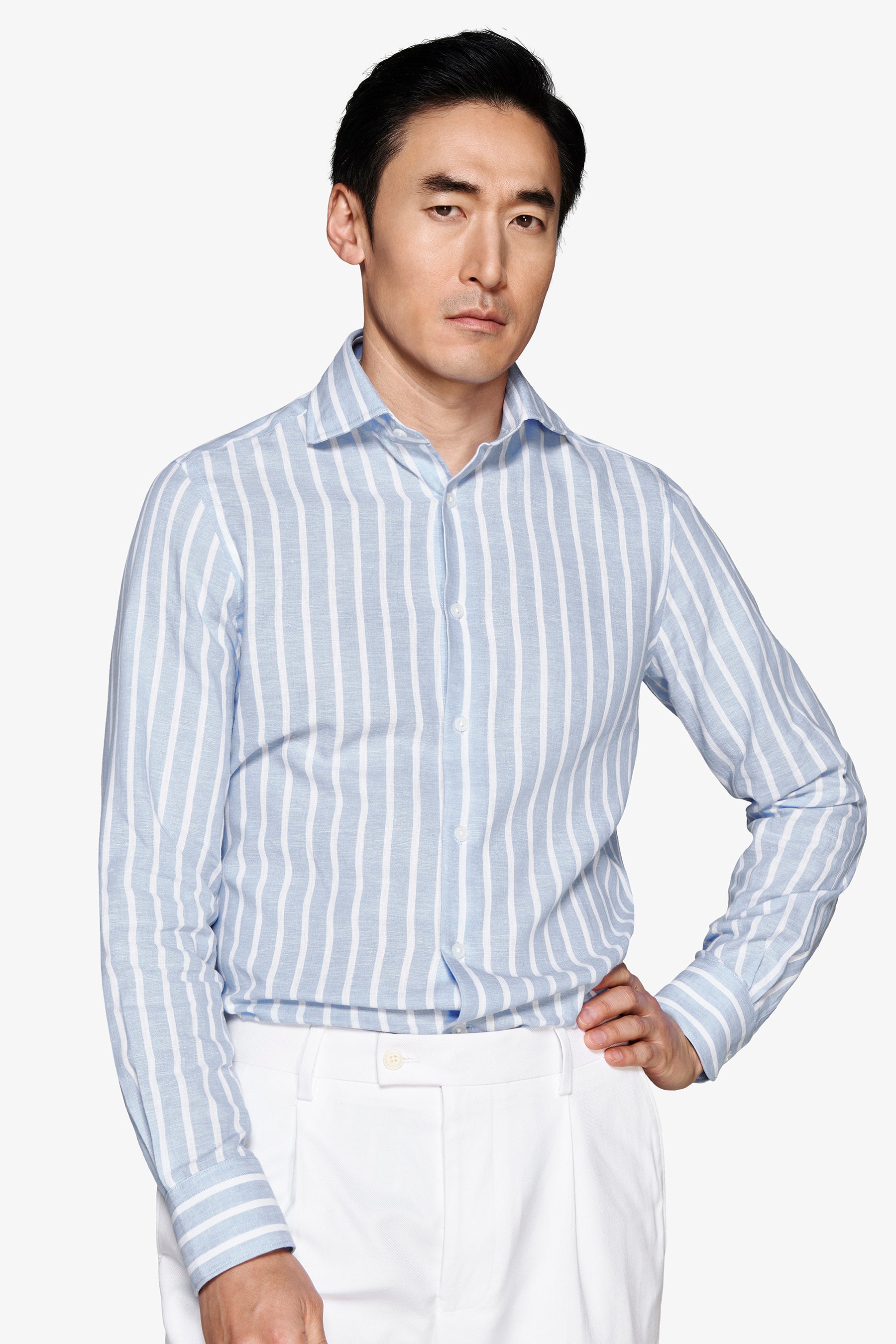 Light blue linen blend striped shirt