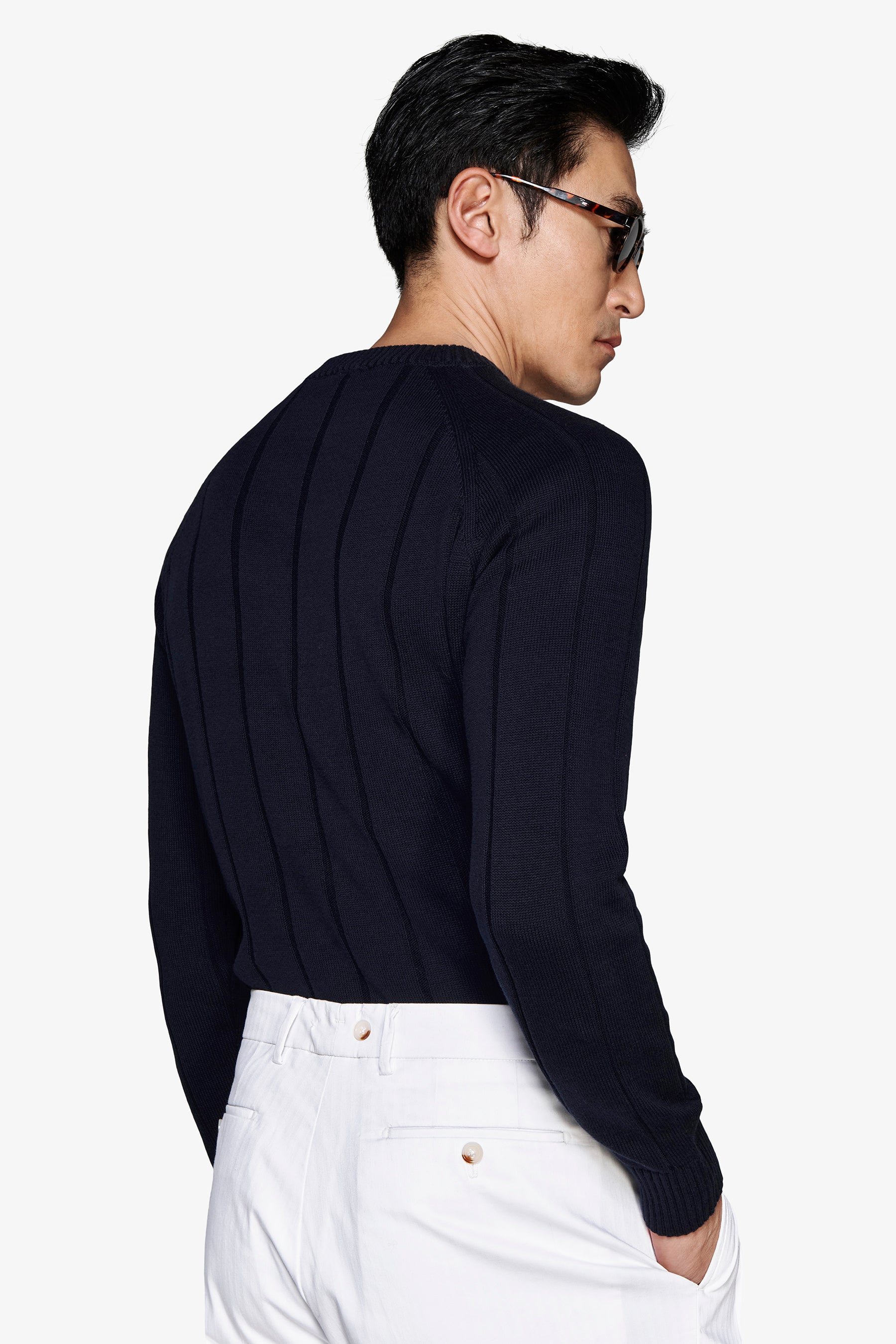 M/L, flacher, gerippter Rundhalsausschnitt, Raglan, Marineblau