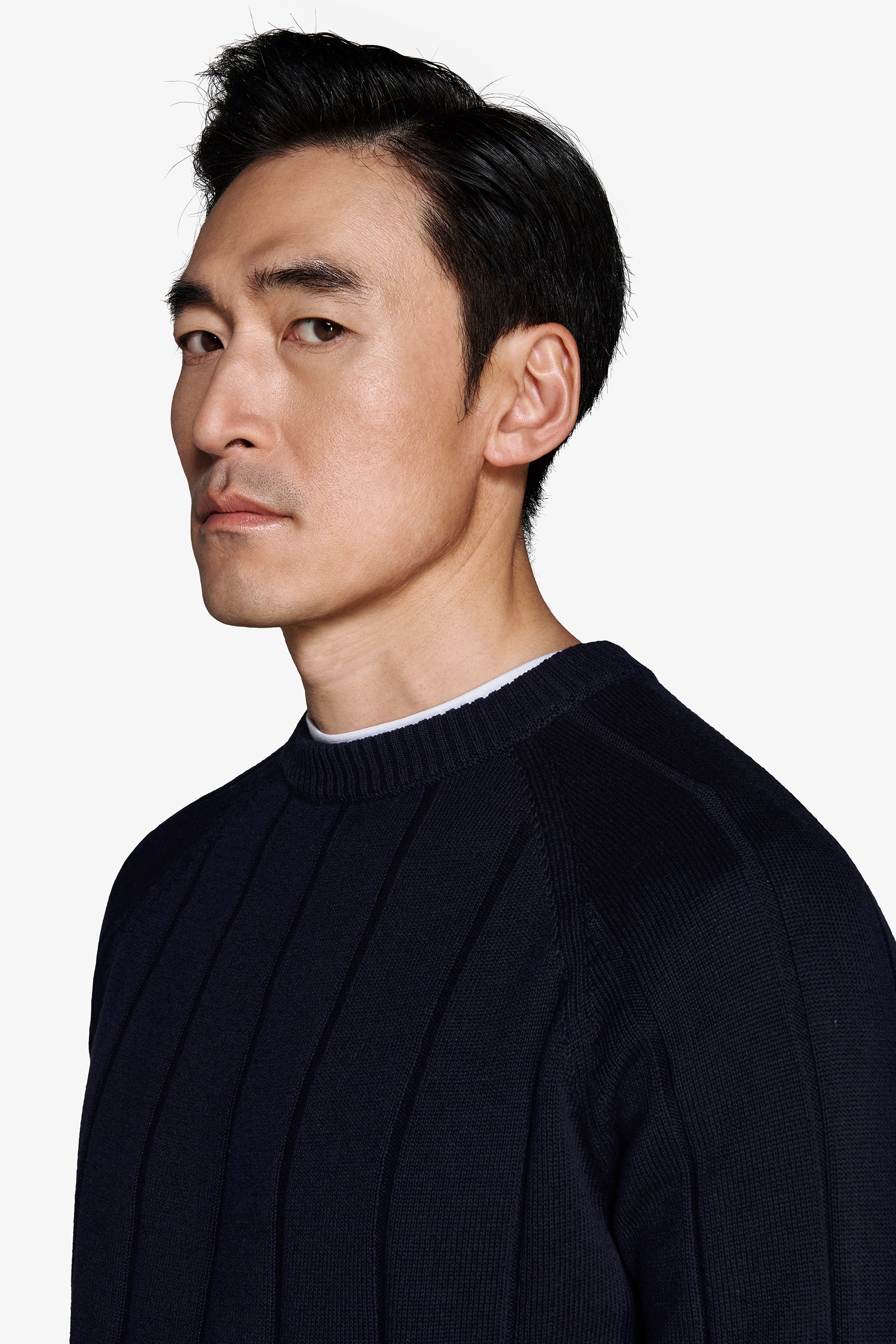 M/L, flacher, gerippter Rundhalsausschnitt, Raglan, Marineblau