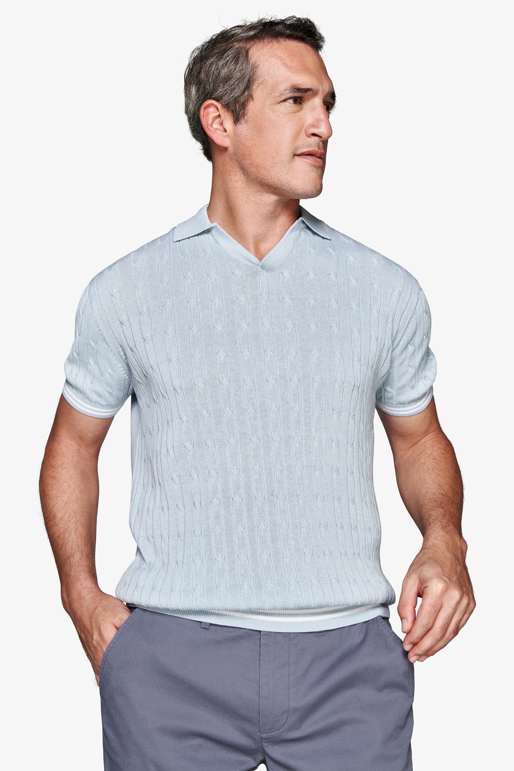 Polo in maglia treccia celeste DNJ-Dan John