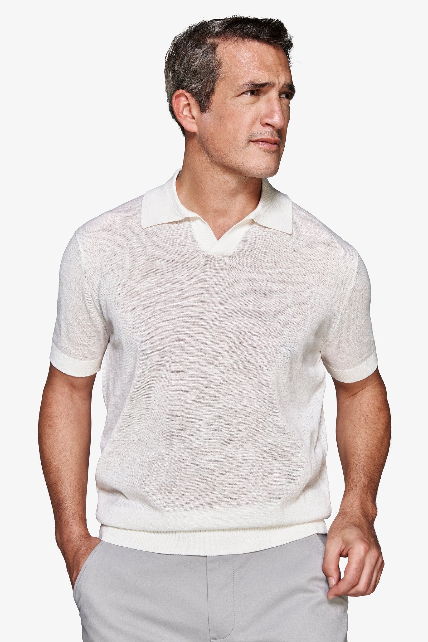 Cream linen blend knit polo