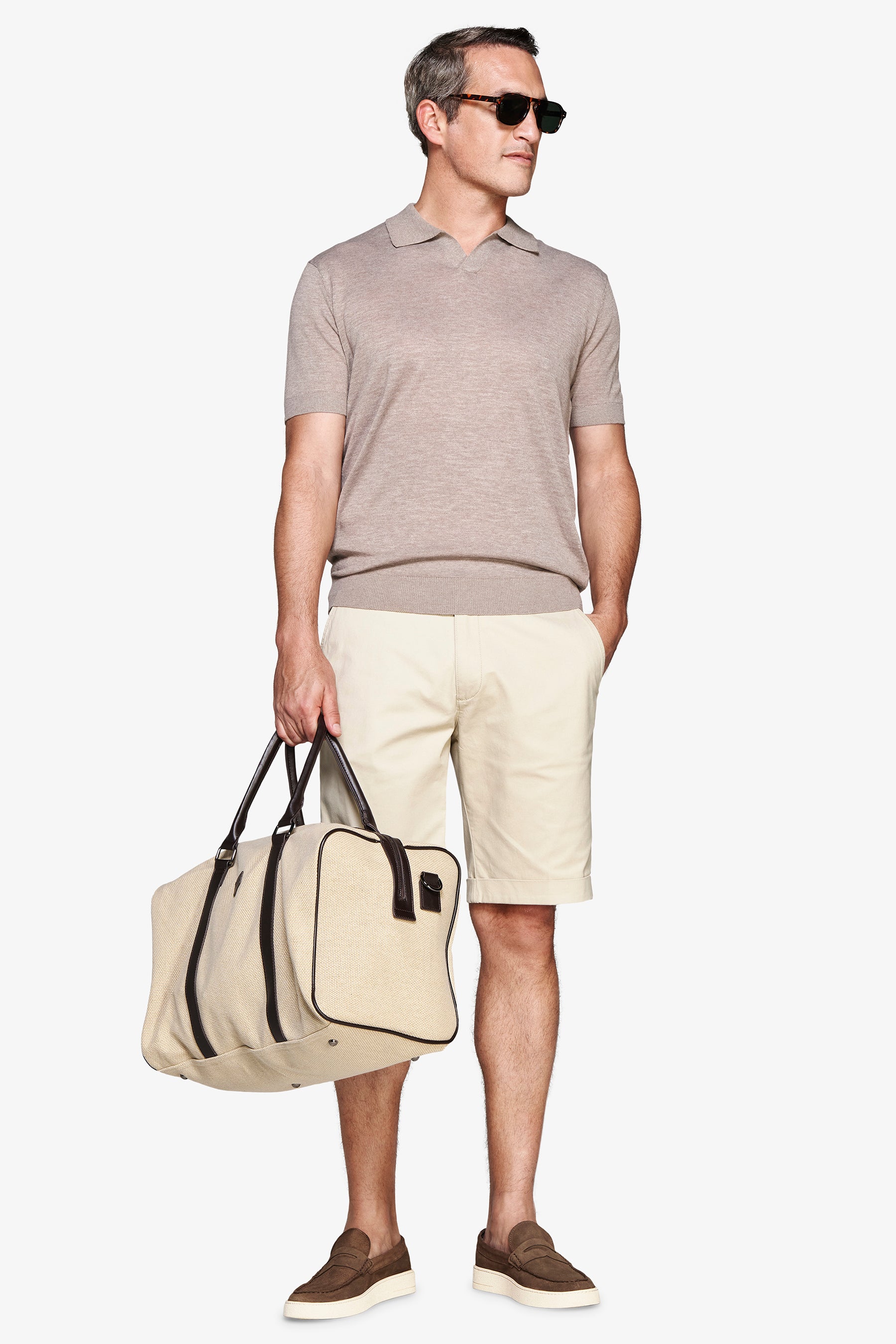 Taupe linen blend knit polo