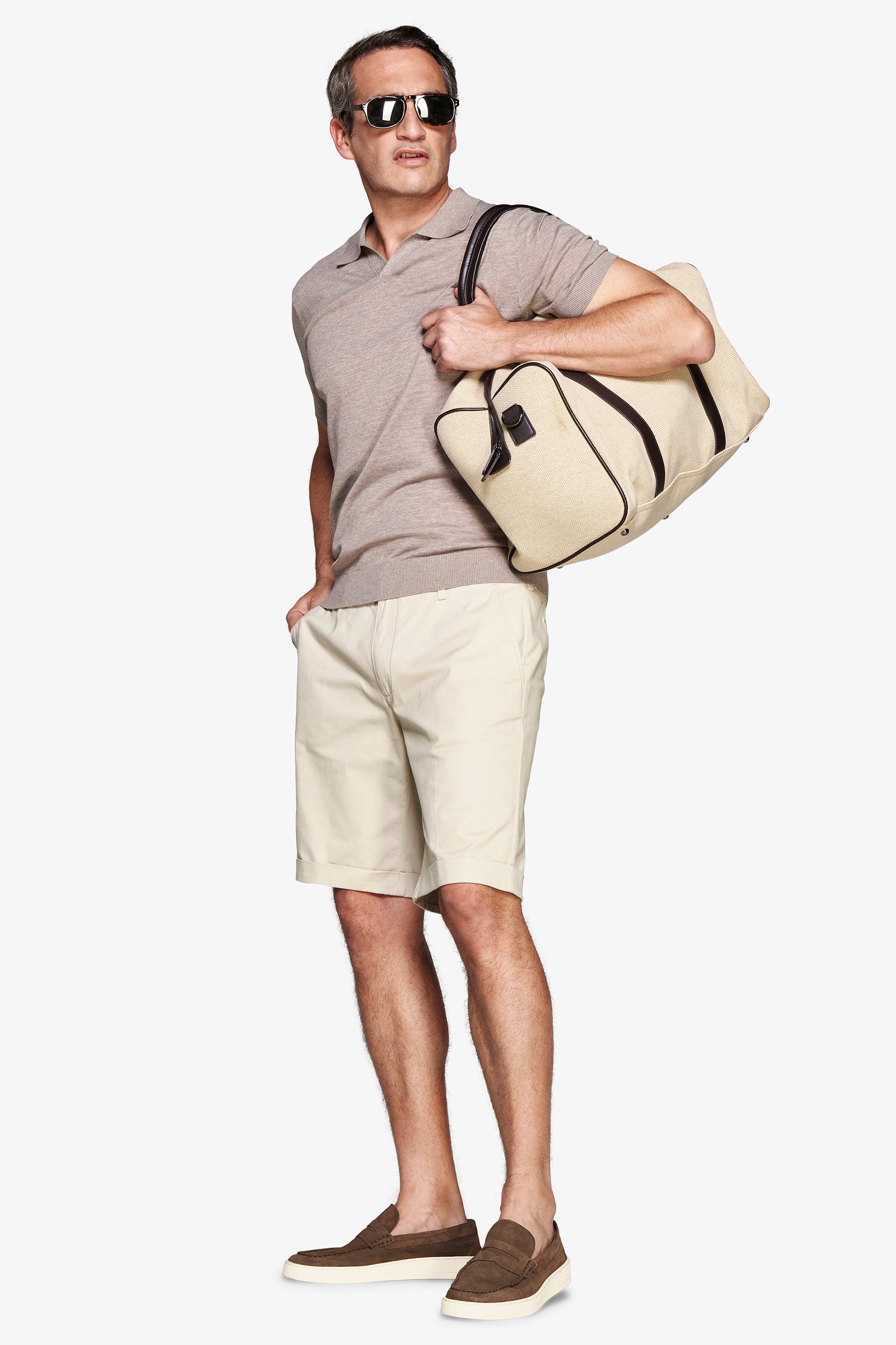 Taupe linen blend knit polo