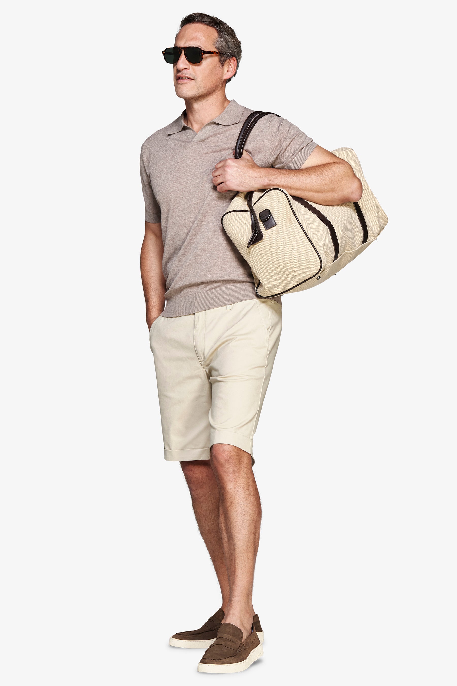Taupe linen blend knit polo