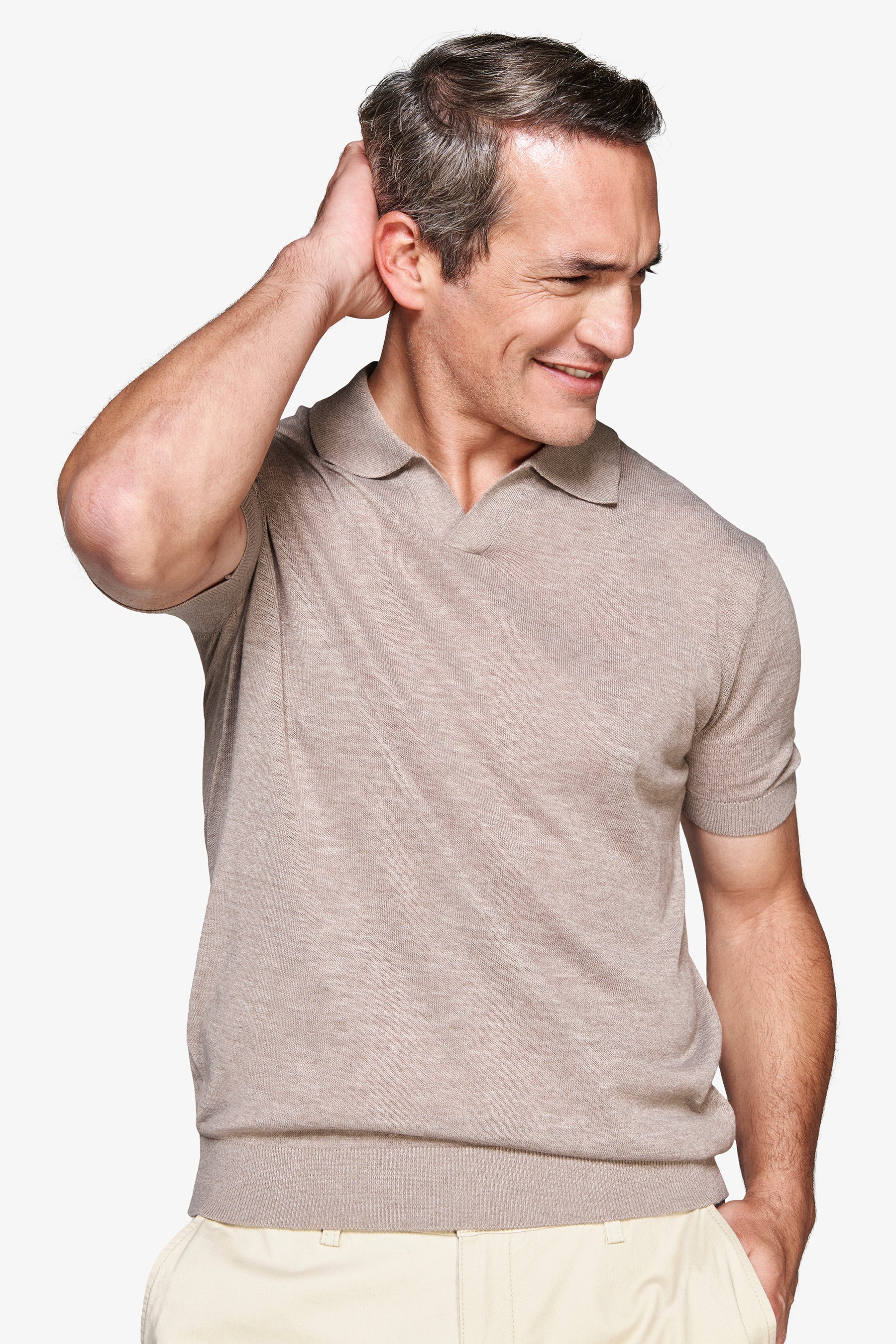 Taupe linen blend knit polo