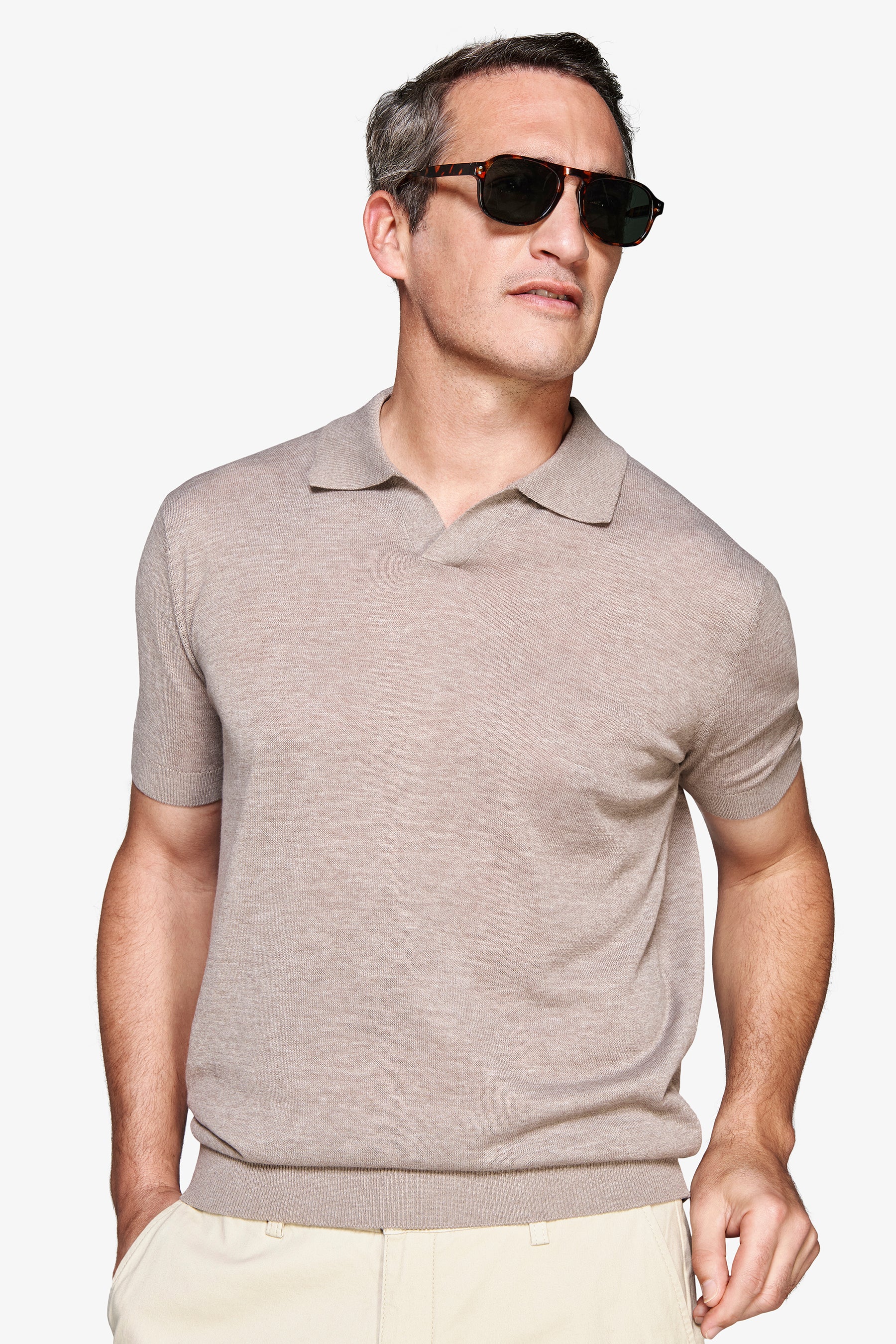 Taupe linen blend knit polo