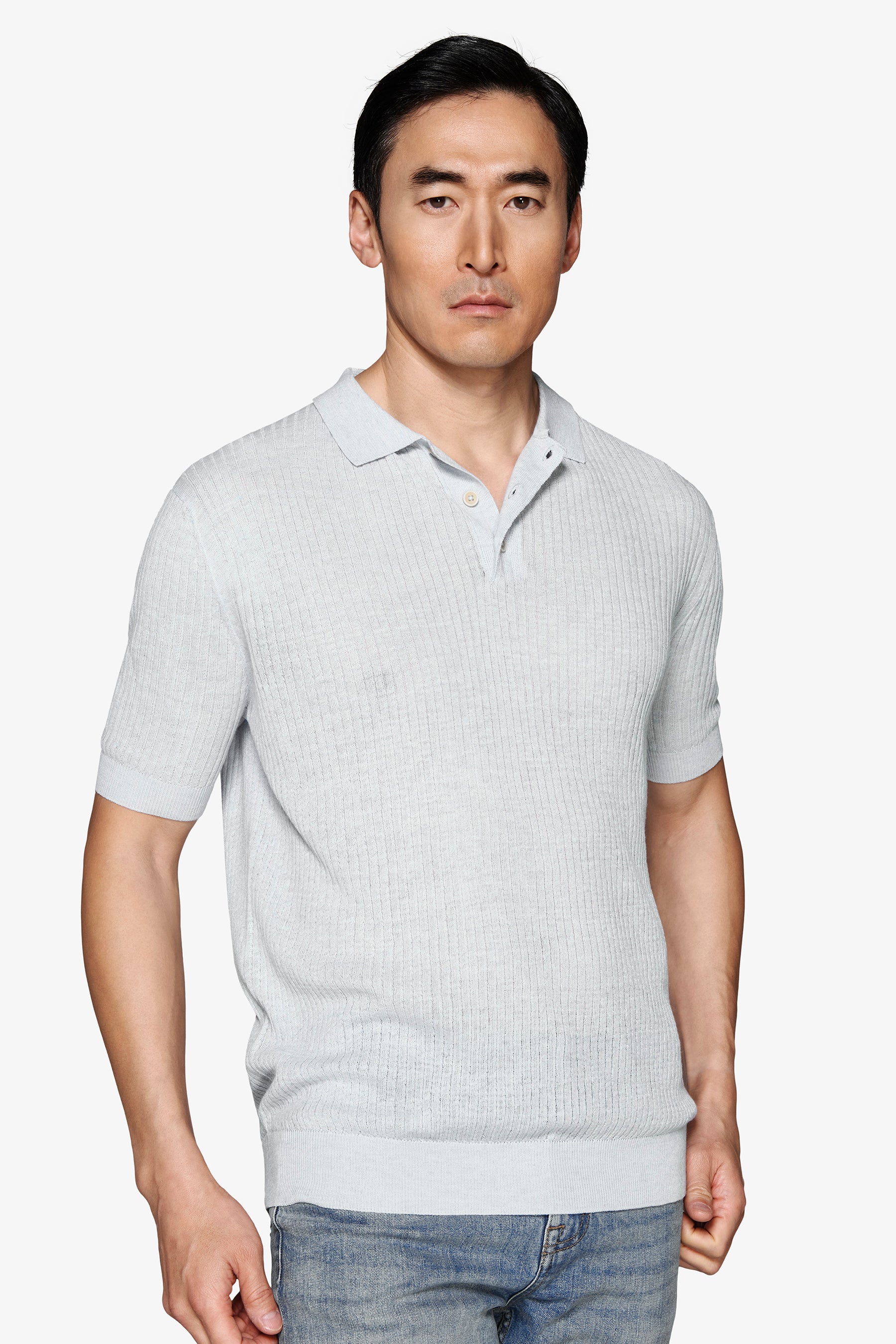 Polo in maglia misto lino celeste