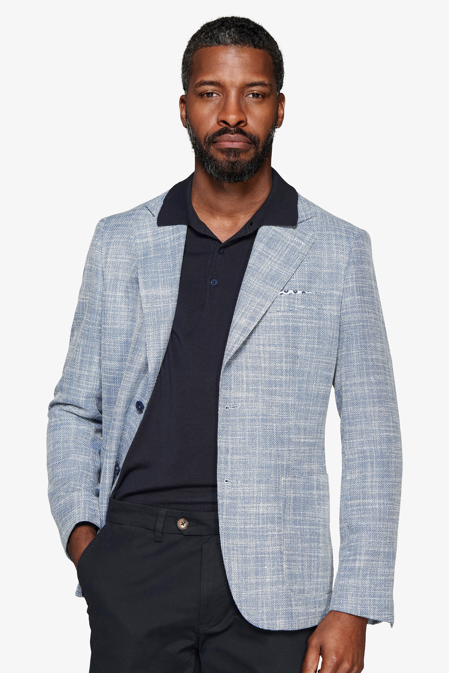 Blue textured linen blend blazer