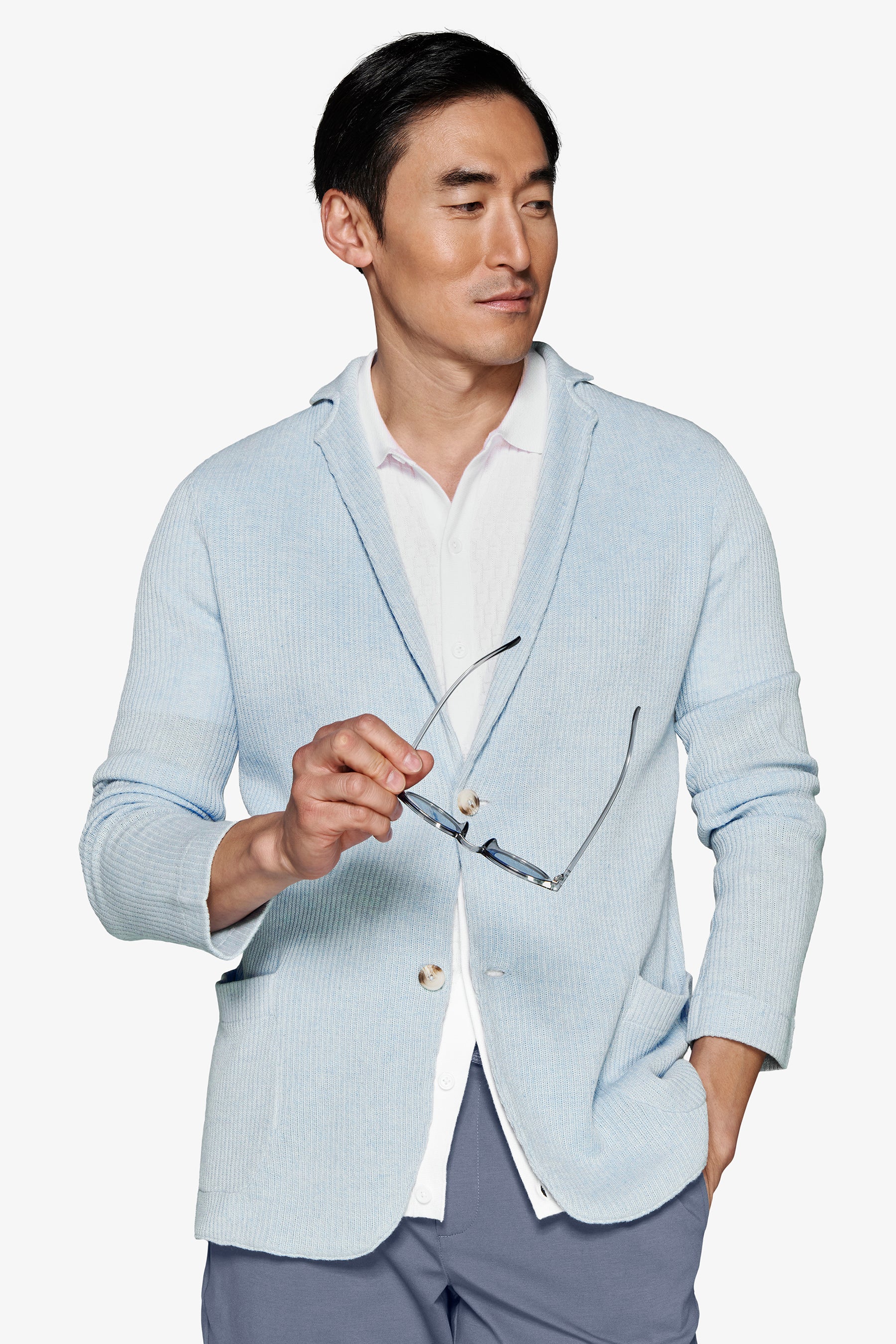 Americana de punto canalé inglés celeste