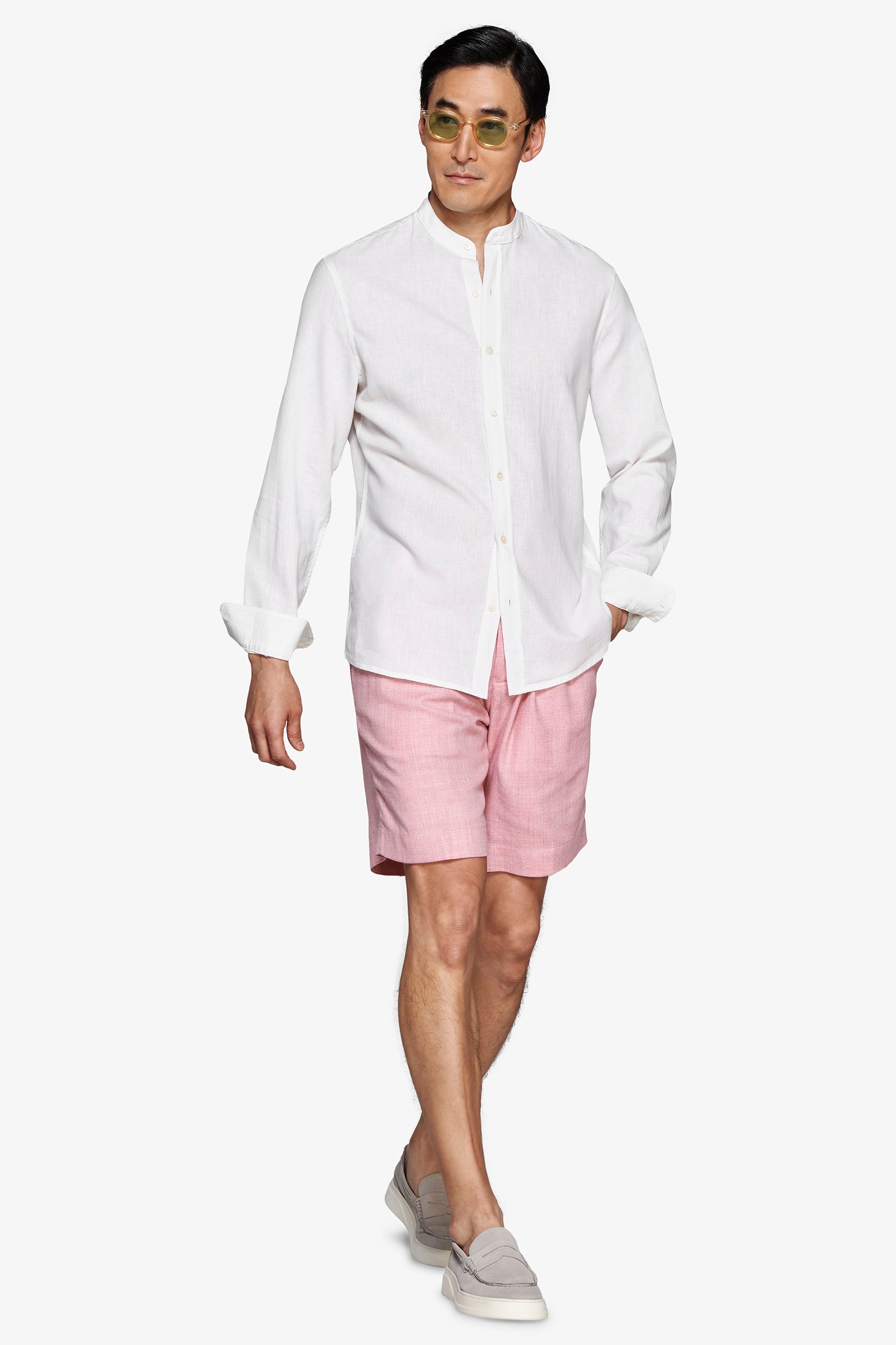 Cream linen blend mandarin collar shirt