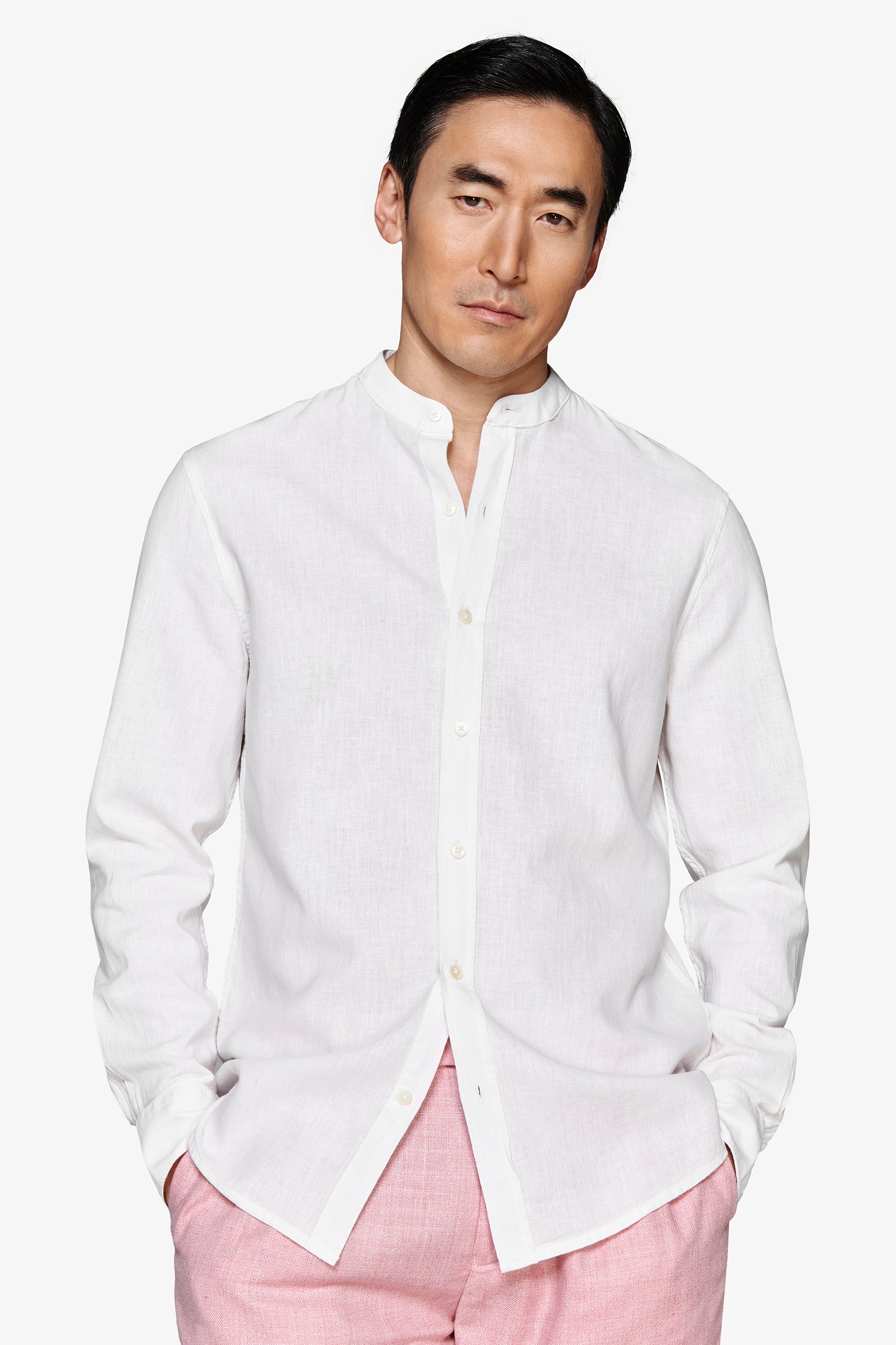 Cream linen blend mandarin collar shirt