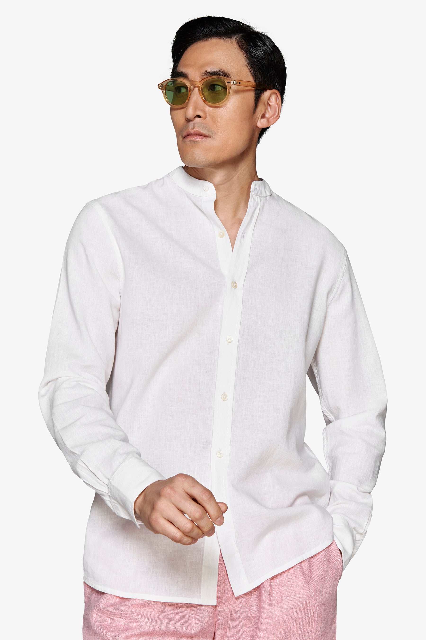 Cream linen blend mandarin collar shirt