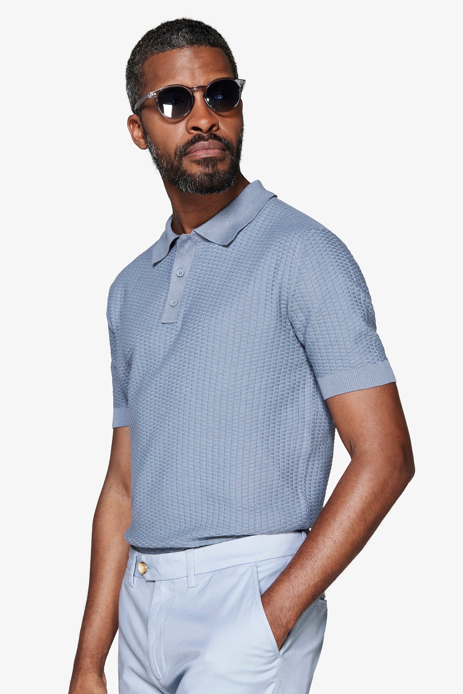 Poloshirt aus Strick mit Würfelmuster in Avion Blau