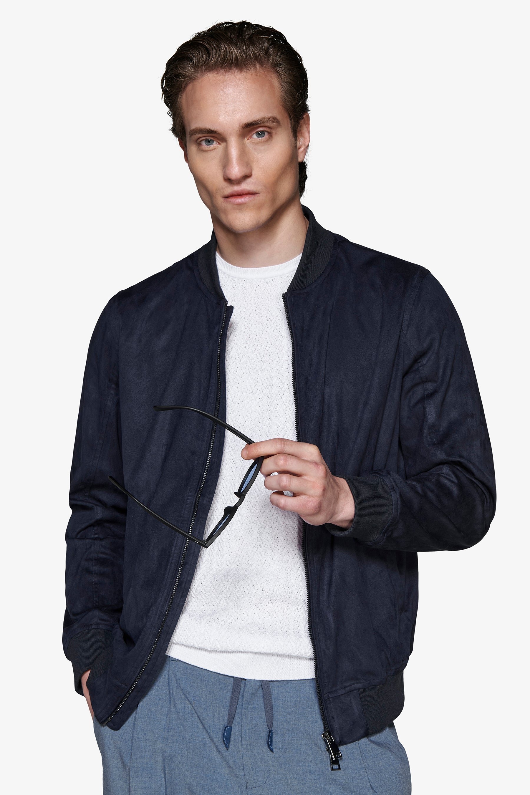 Cazadora bómber de cremallera completa en ante ecológico azul