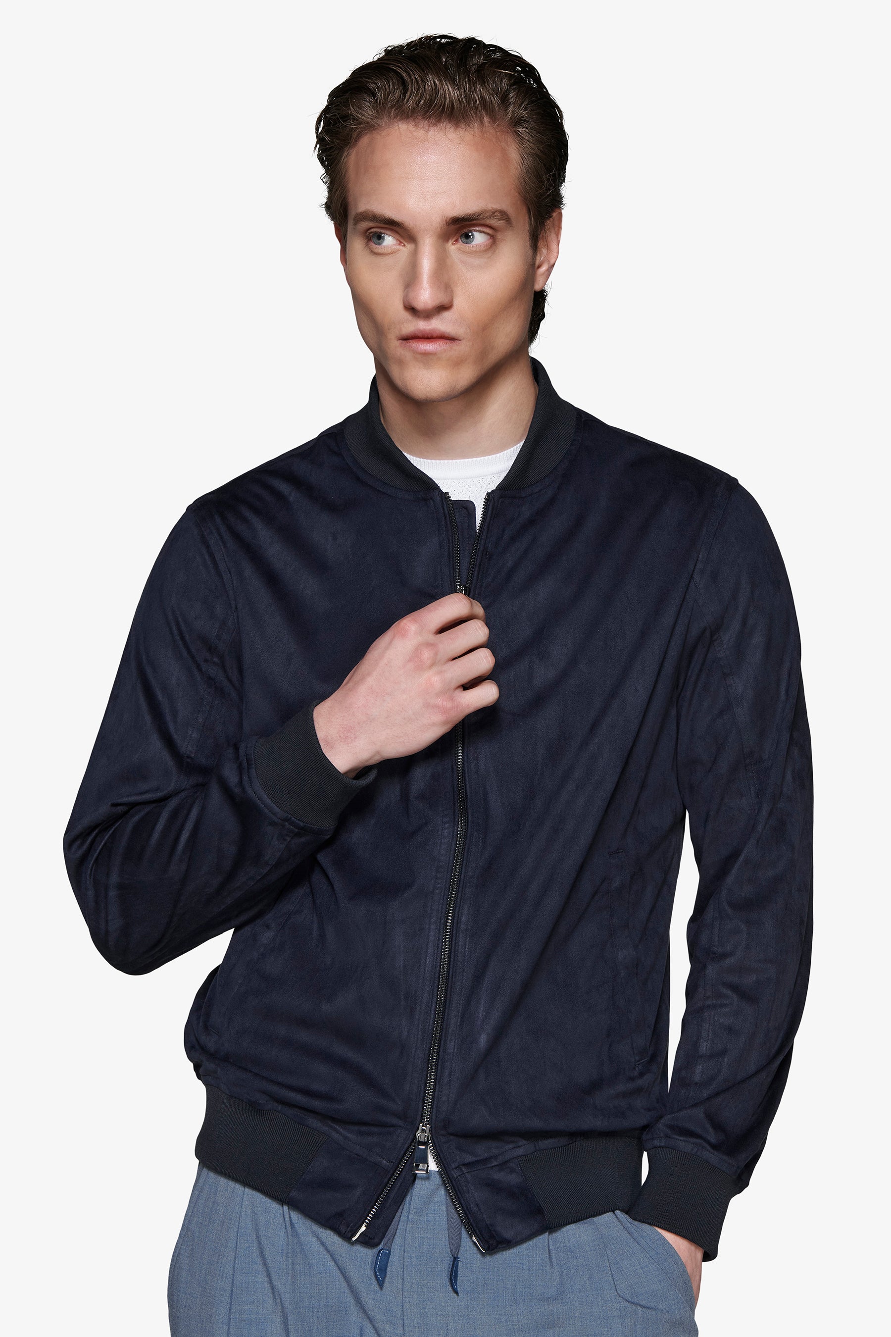 Cazadora bómber de cremallera completa en ante ecológico azul