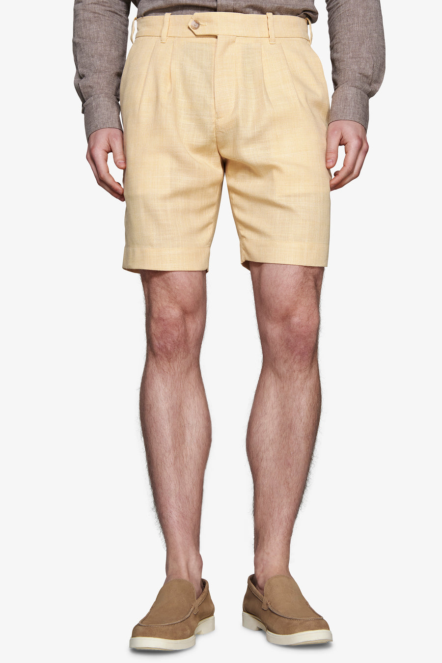 Yellow linen blend Bermuda shorts with pleats