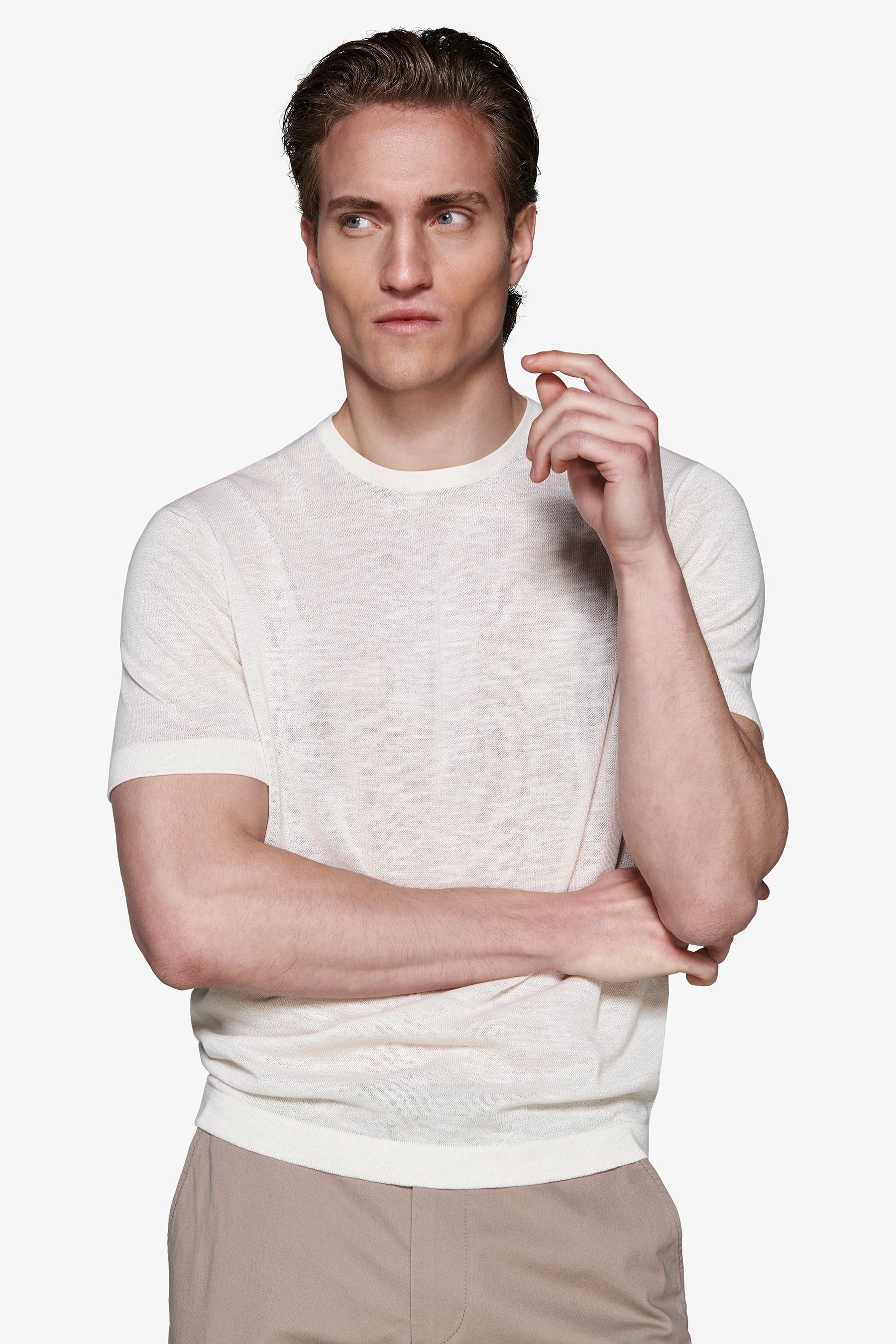 Maglia misto lino girocollo sabbia