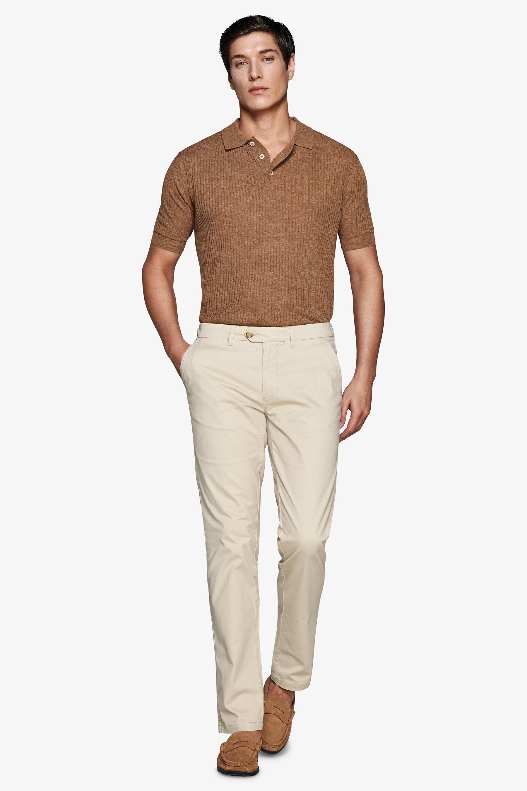 Polo in maglia misto lino tabacco