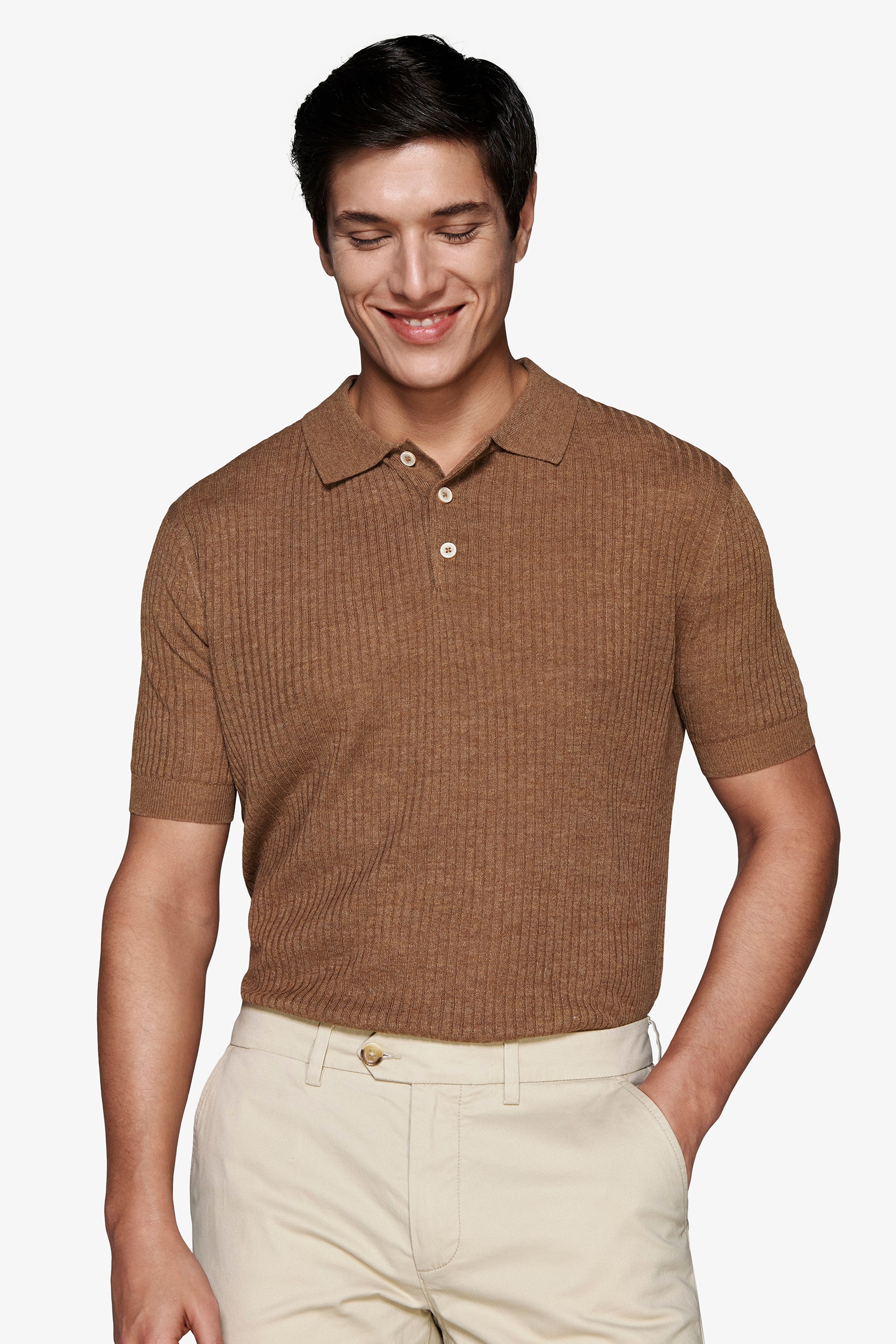 Polo in maglia misto lino tabacco