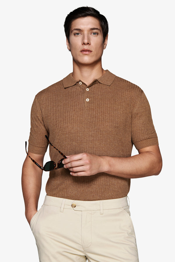 Tobacco linen blend knit polo shirt