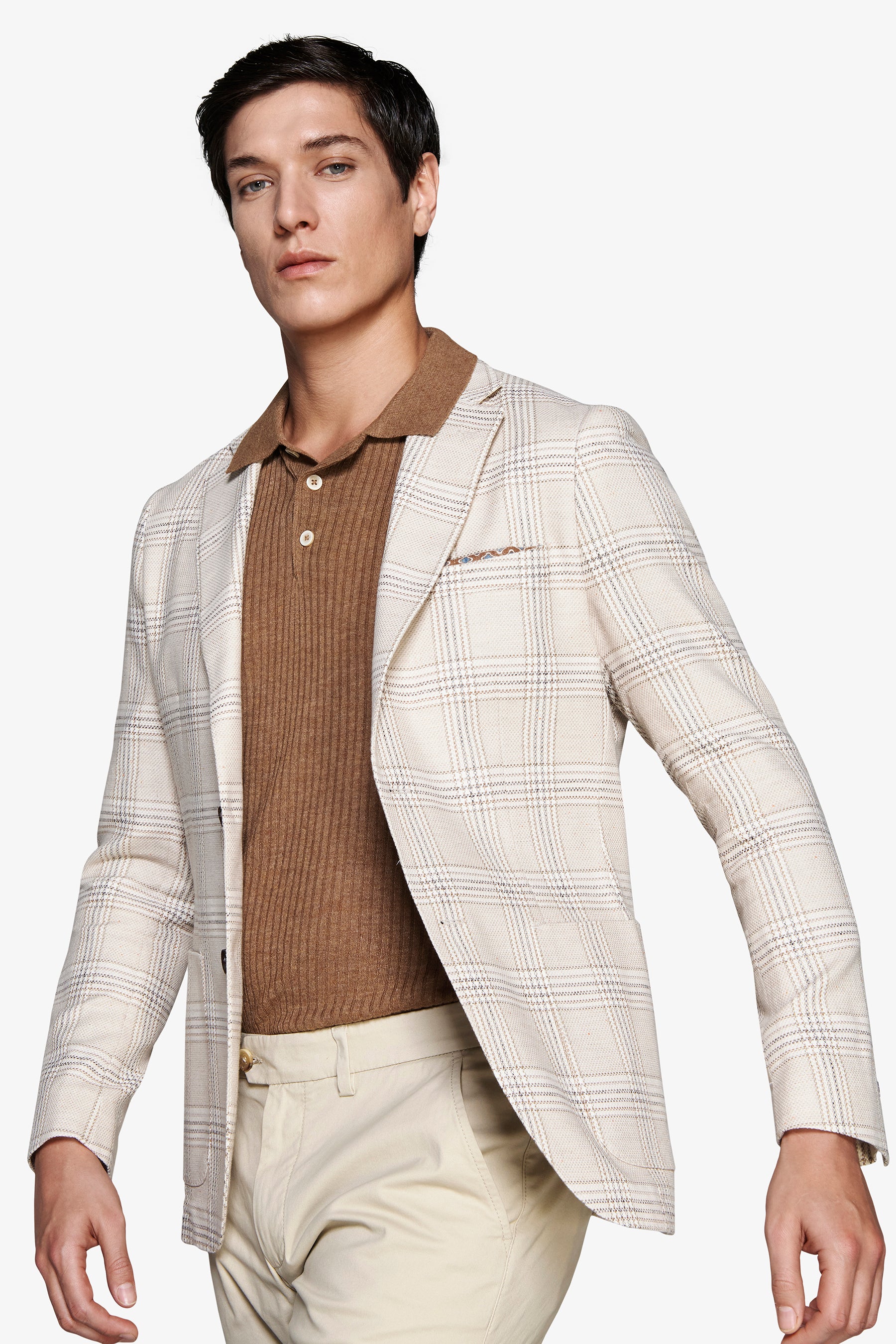 Sand linen blend overcheck blazer