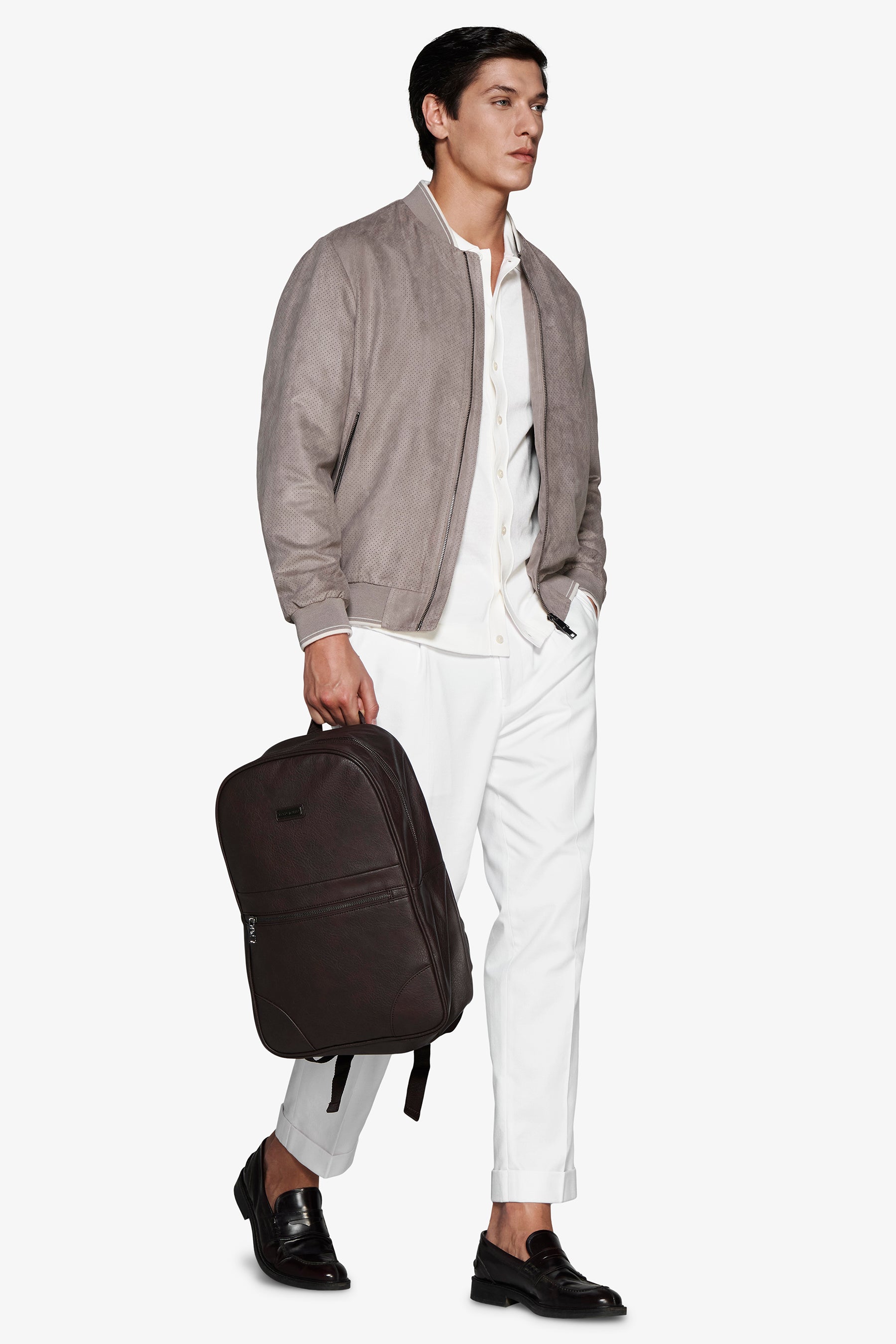 Bomberjacke aus perforiertem Öko-Wildleder in Taupe.