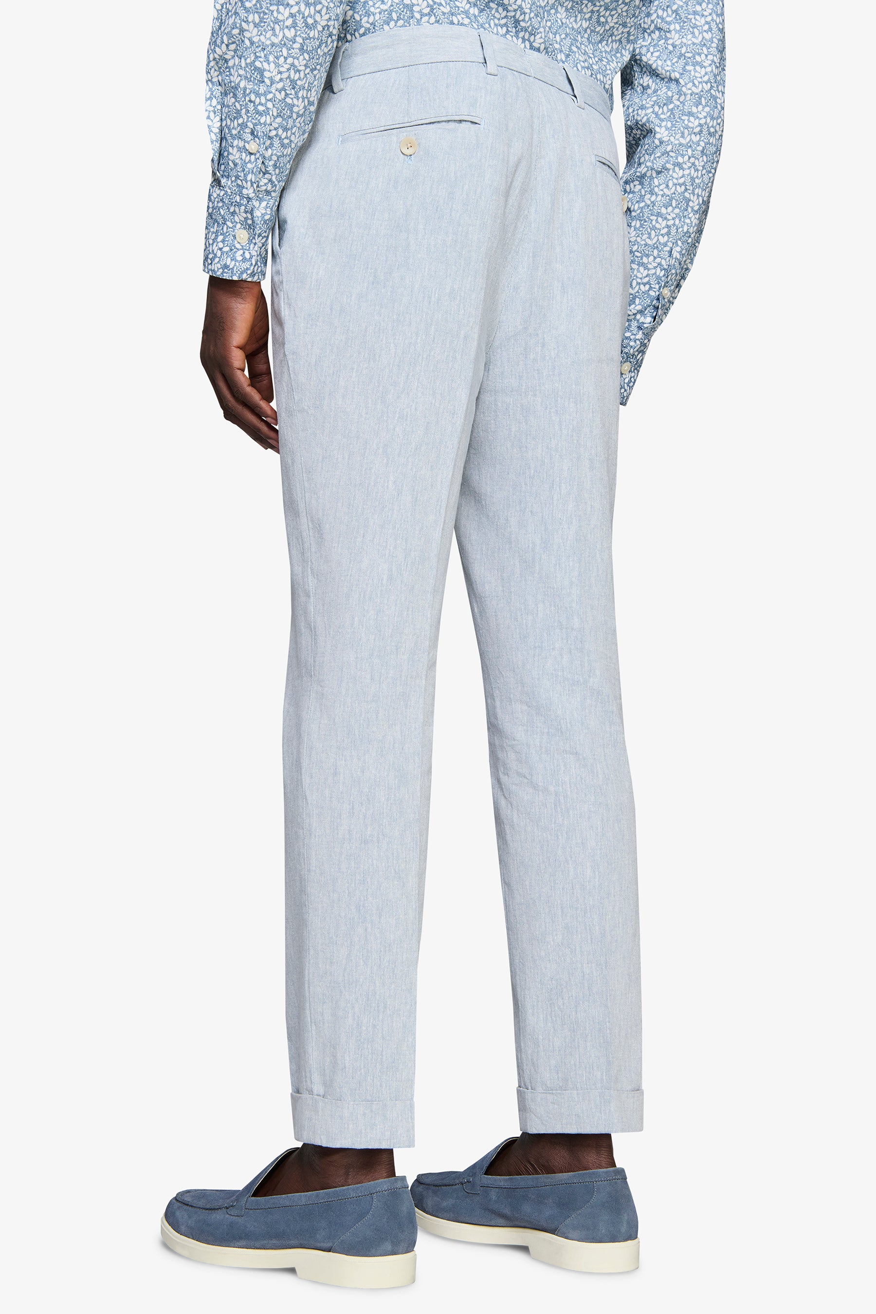 Pantaloni misto lino fiammati celesti