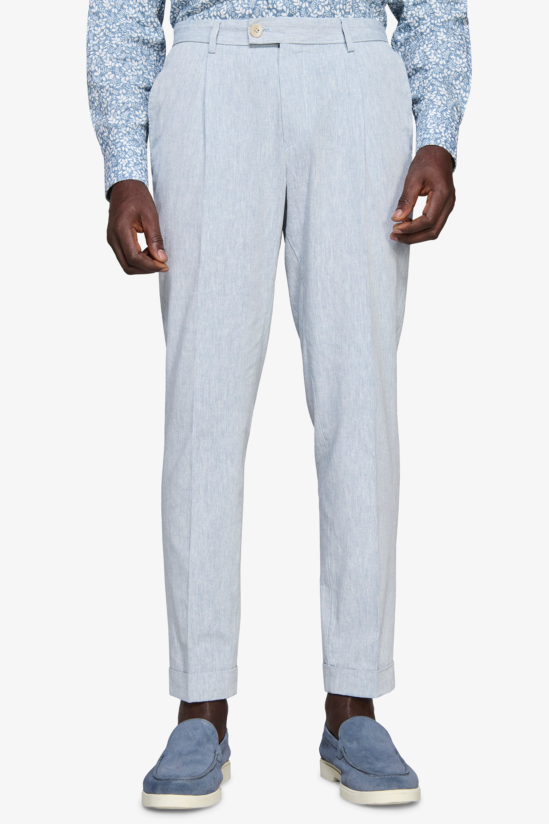 Pantaloni misto lino fiammati celesti