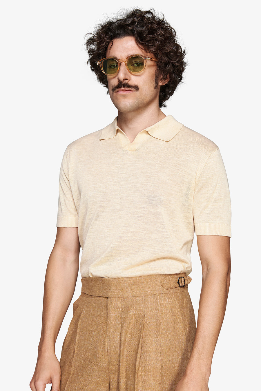 Yellow linen blend knit polo shirt