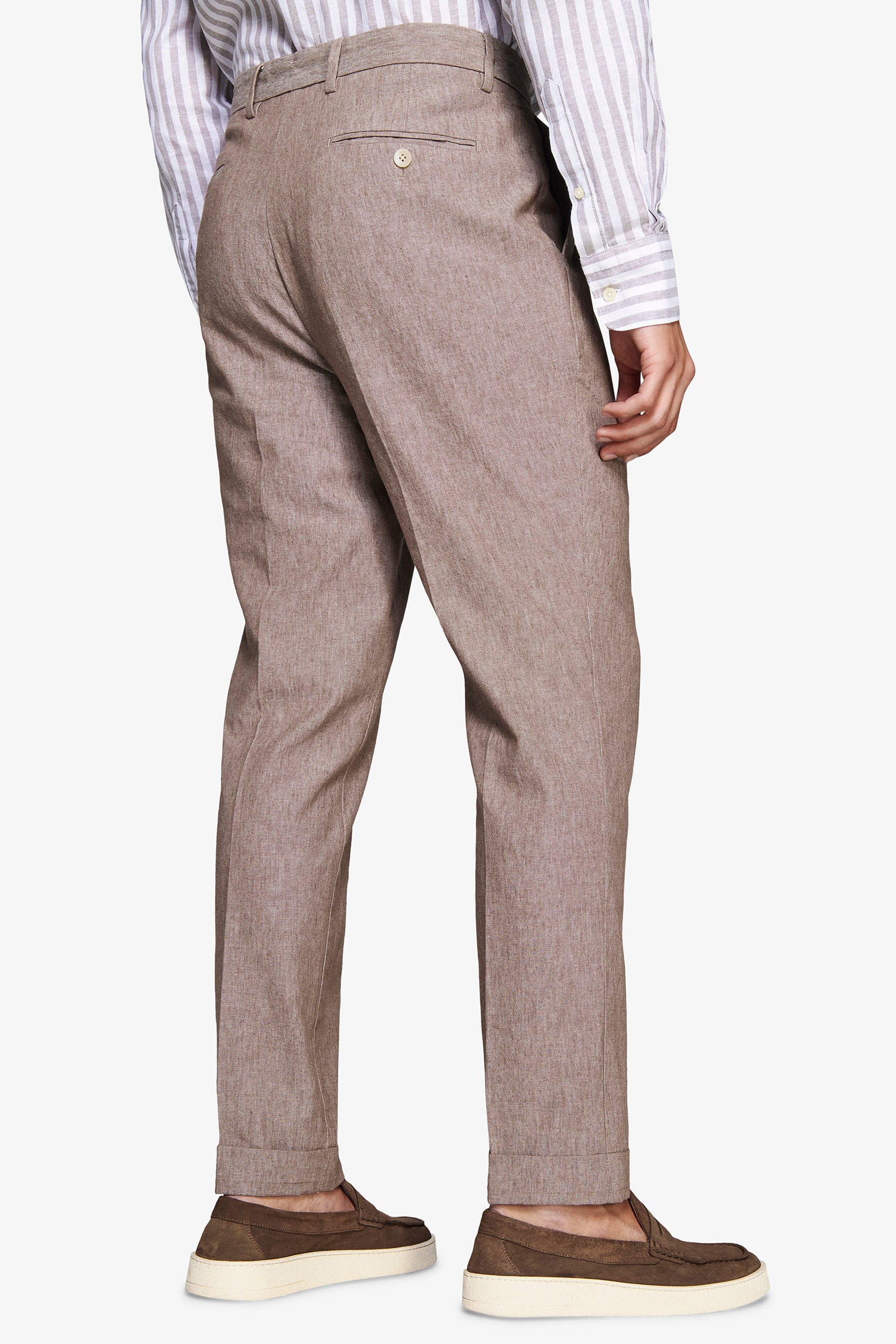 Pantaloni misto lino fiammati tortora