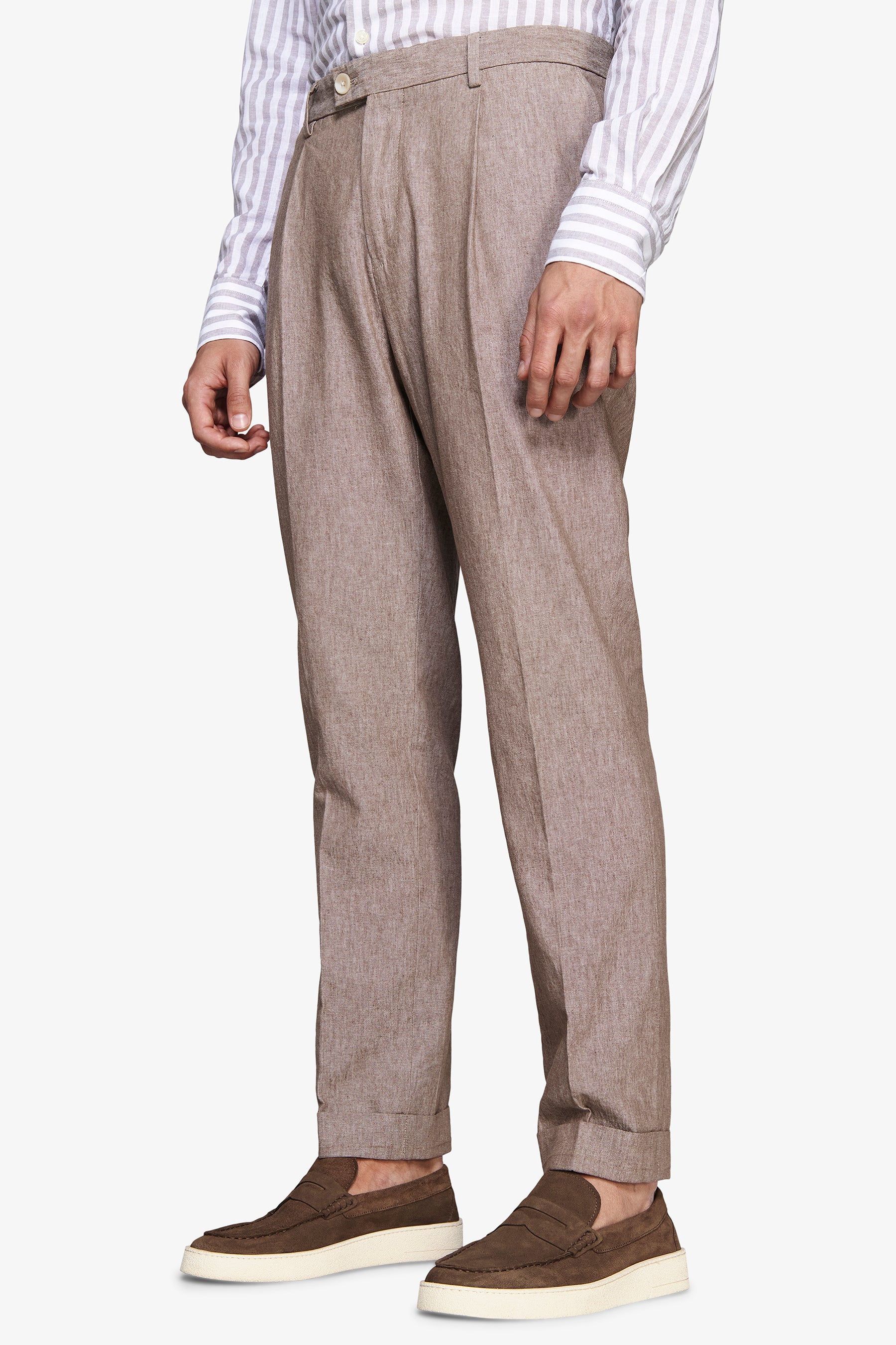 Pantaloni misto lino fiammati tortora