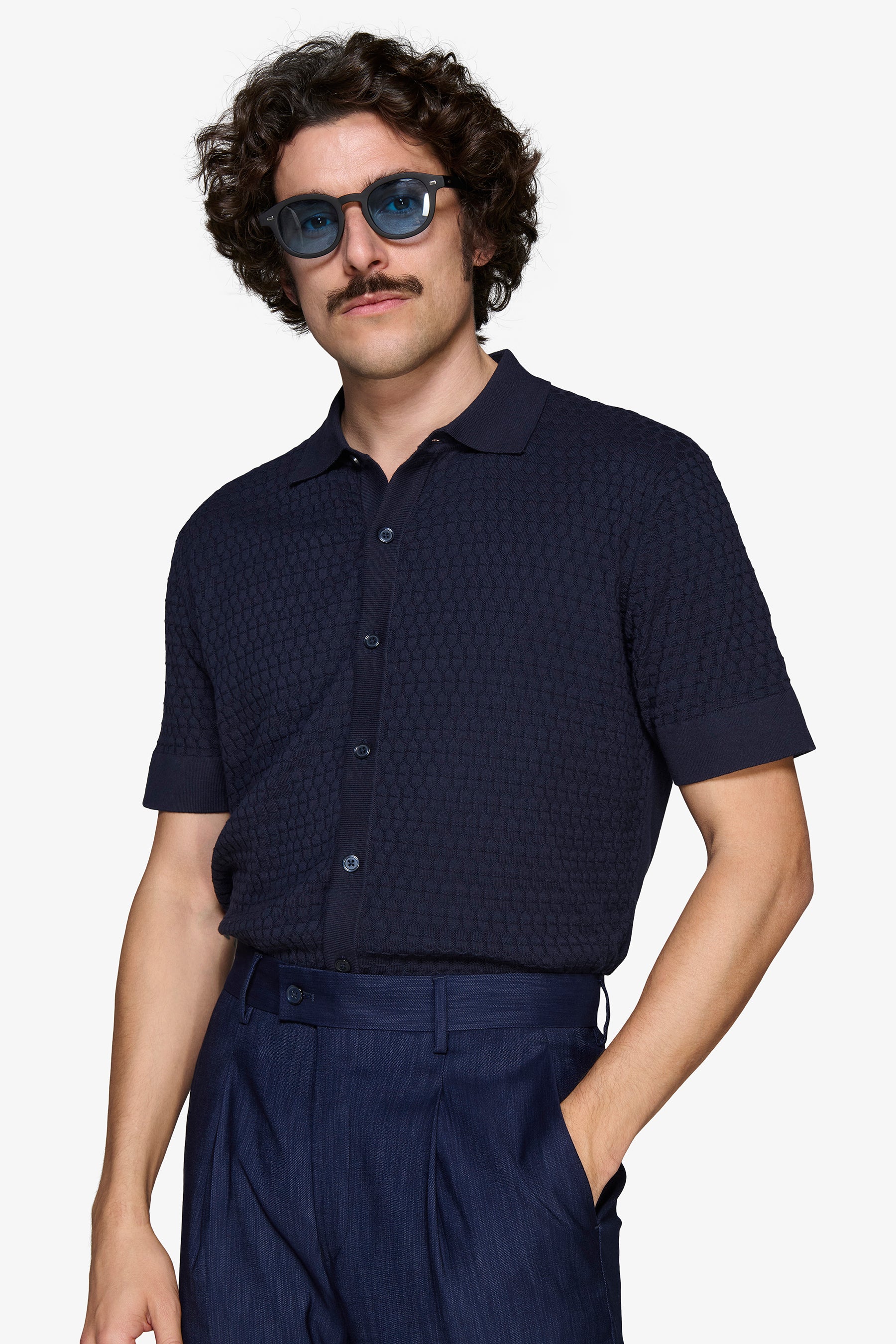 Camicia in maglia punto mattoncino blu