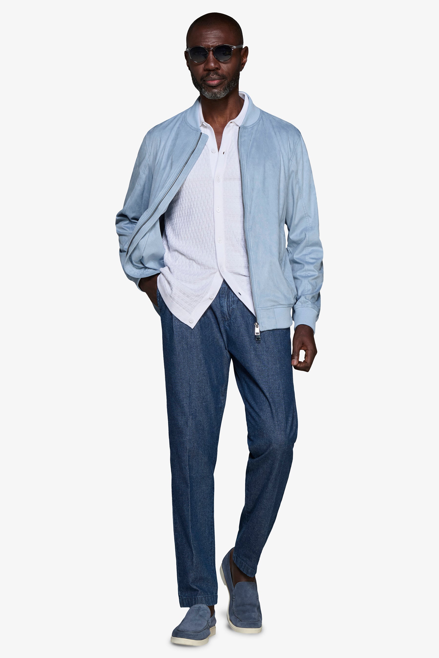 Cazadora bómber con cremallera completa en ante ecológico celeste