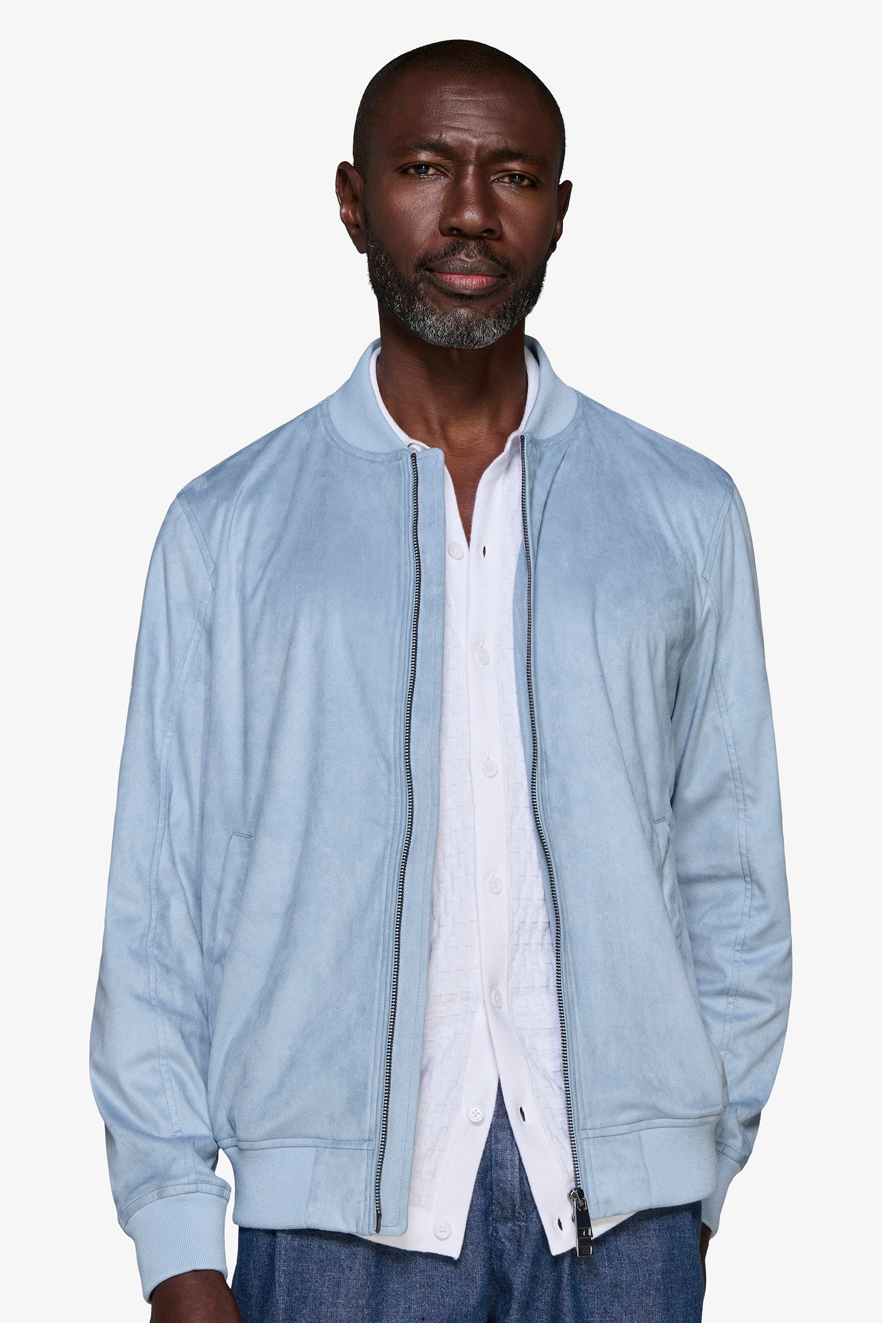 Cazadora bómber con cremallera completa en ante ecológico celeste