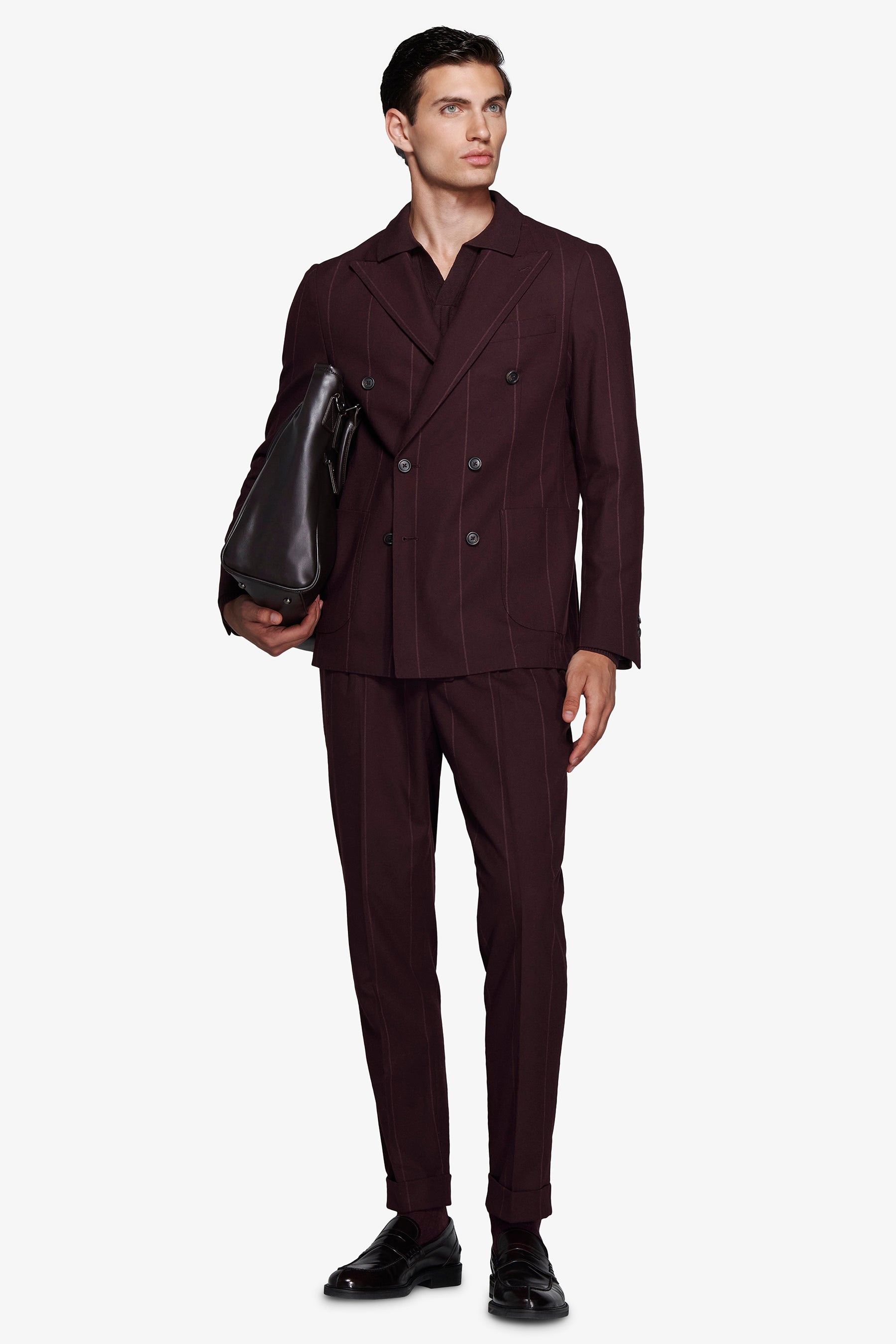 Burgundy double-breasted pinstripe blazer