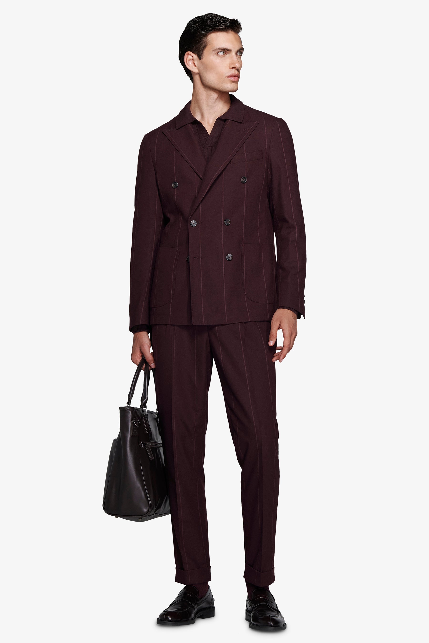 Burgundy double-breasted pinstripe blazer