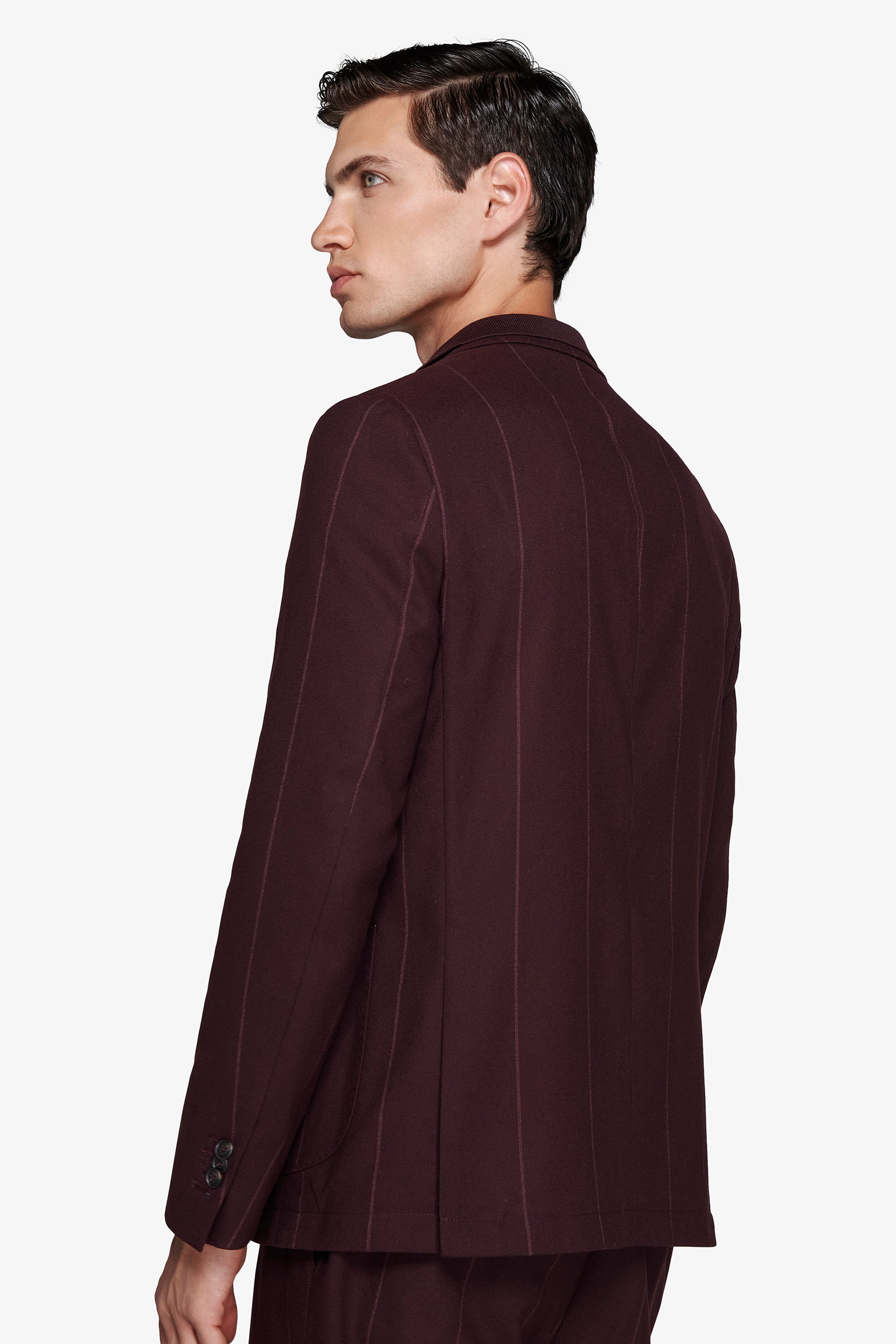 Burgundy double-breasted pinstripe blazer
