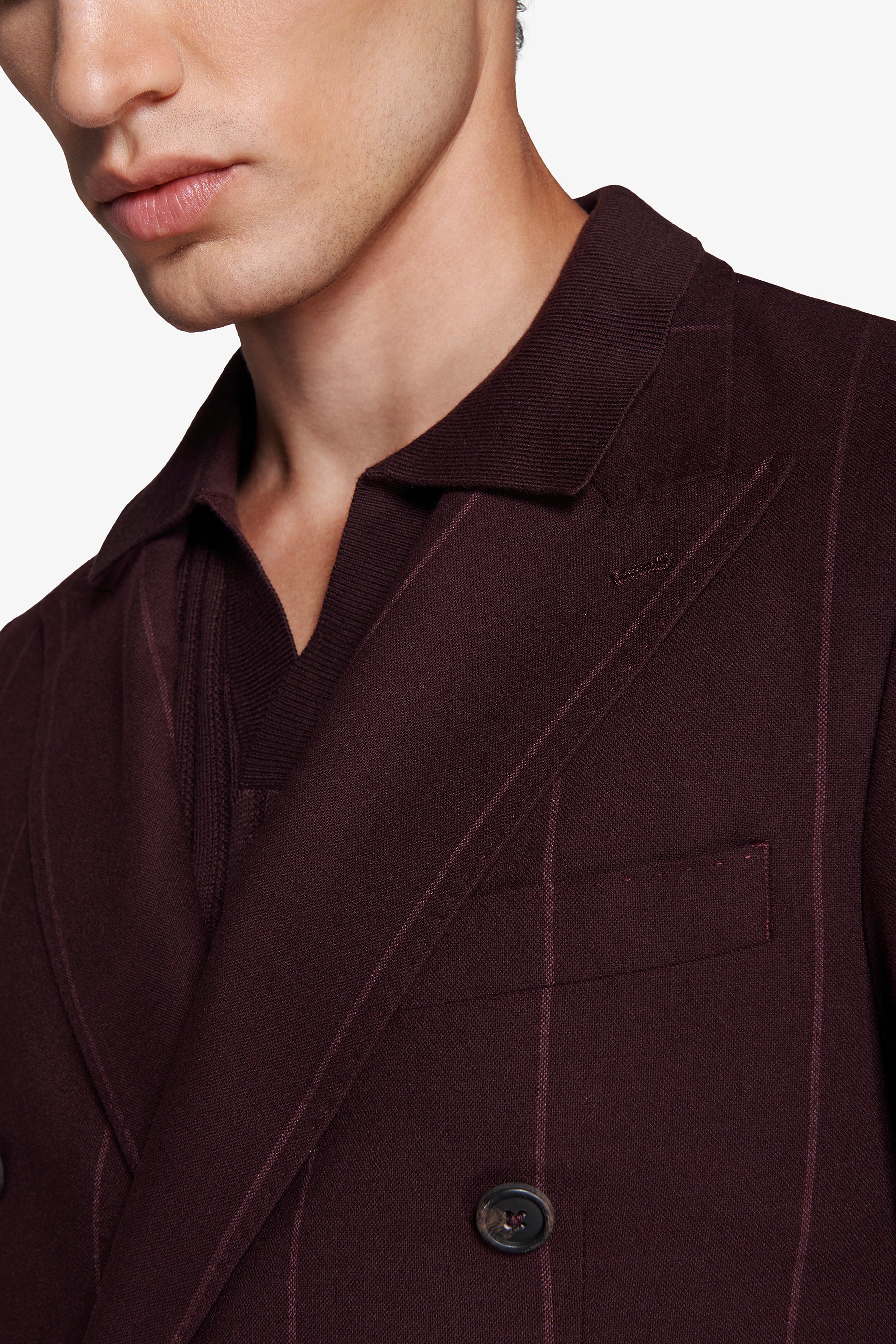 Burgundy double-breasted pinstripe blazer