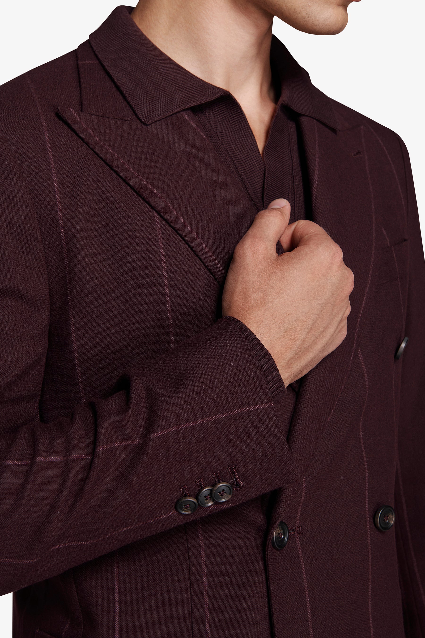 Burgundy double-breasted pinstripe blazer
