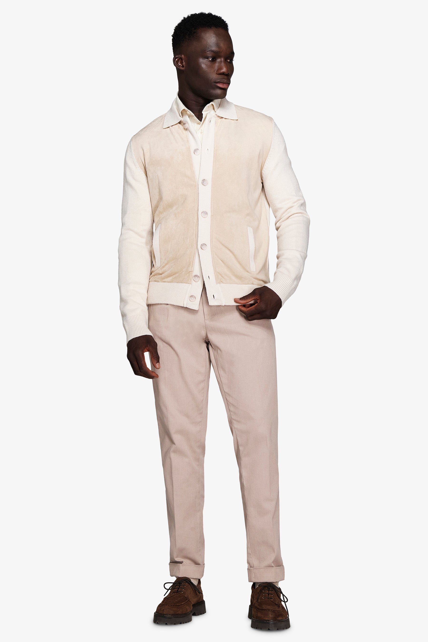 Beige two-fabric knit blazer