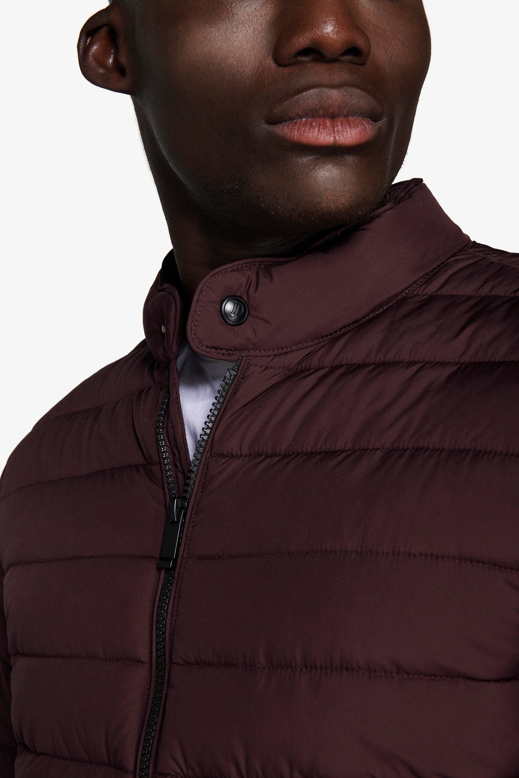 Burgundy quilted full zip down jacket