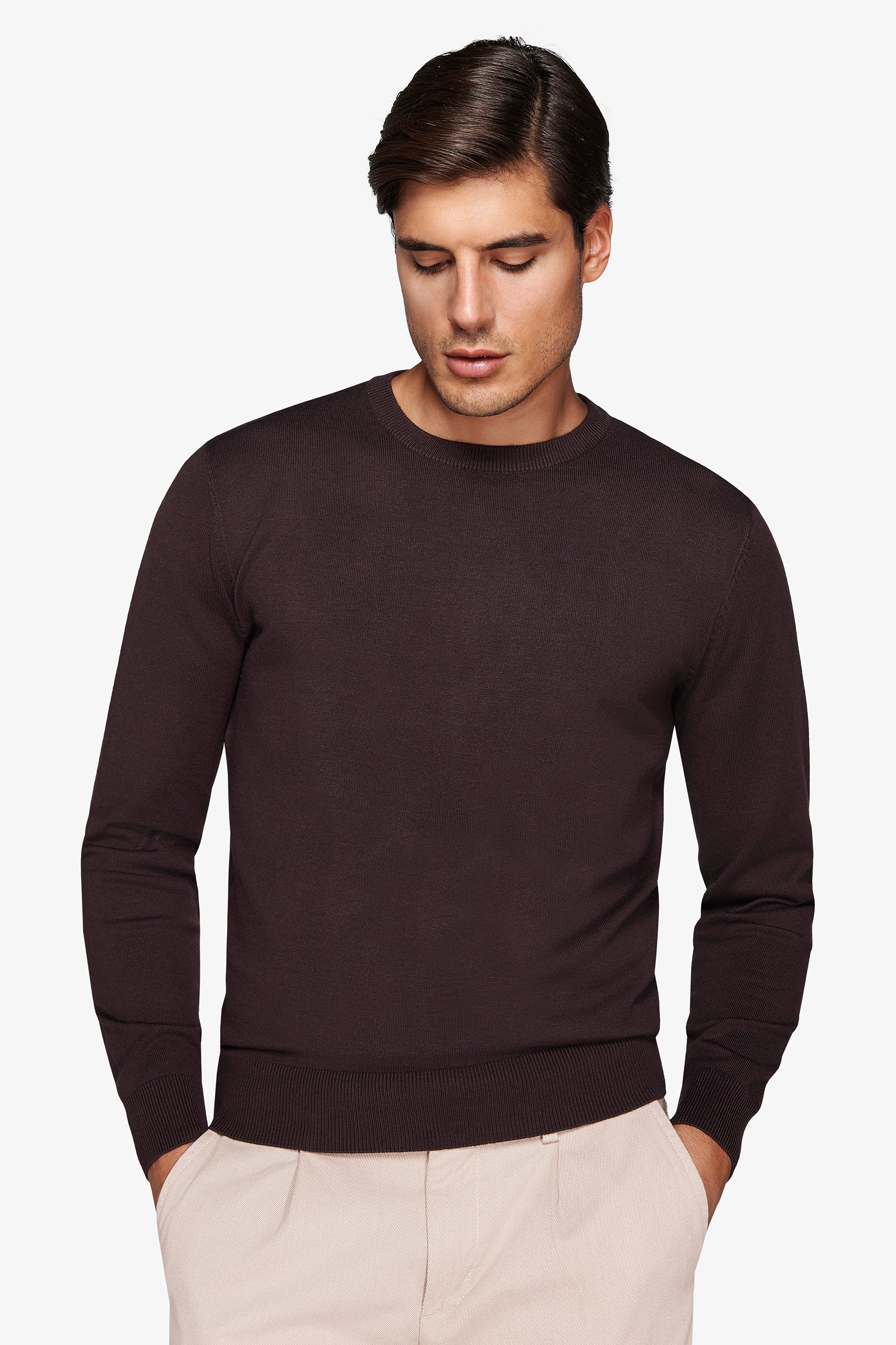 Einfacher brauner Pullover mit Rundhalsausschnitt