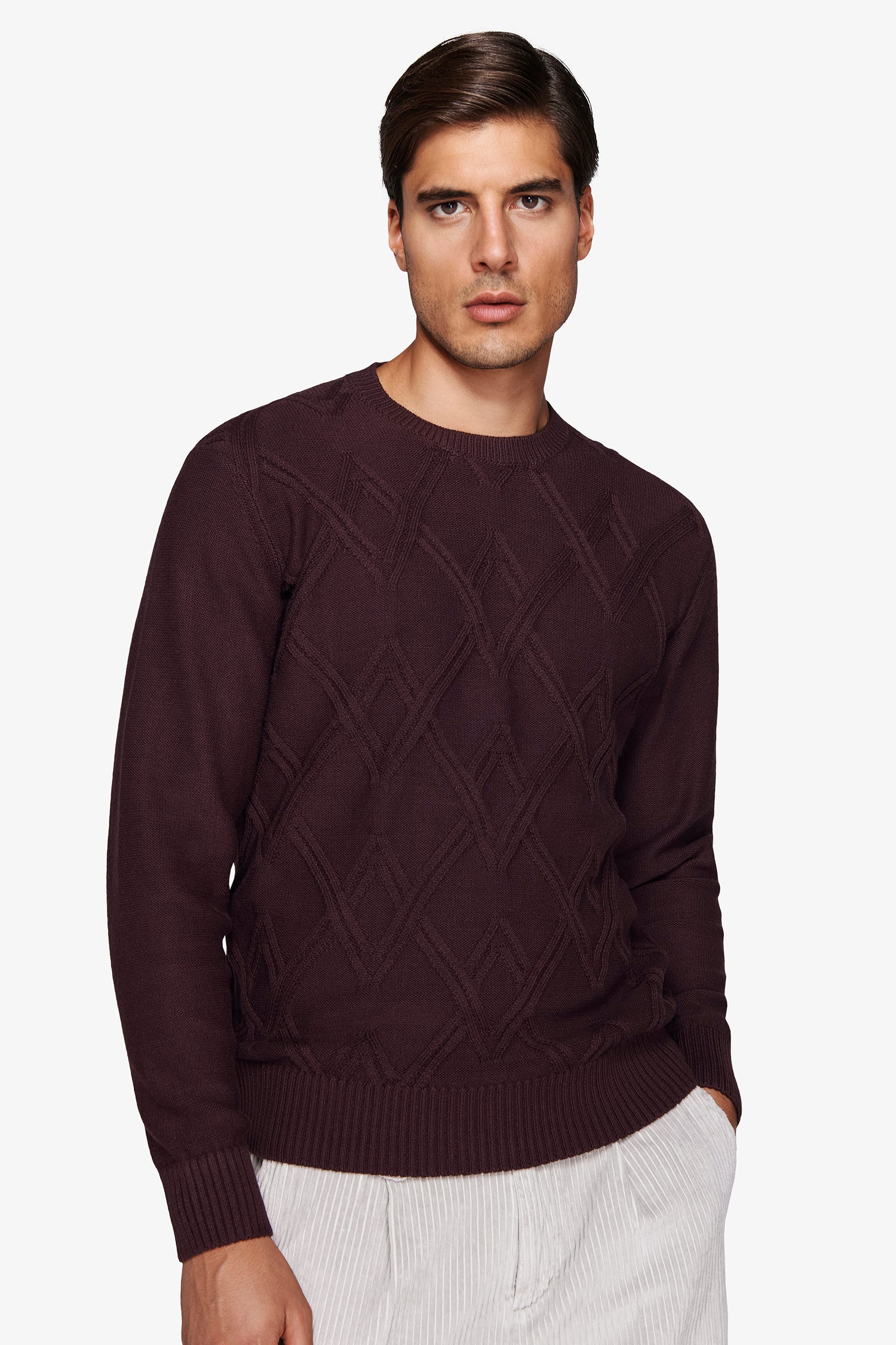 Maglia girocollo treccia piazzata bordeaux-Dan John