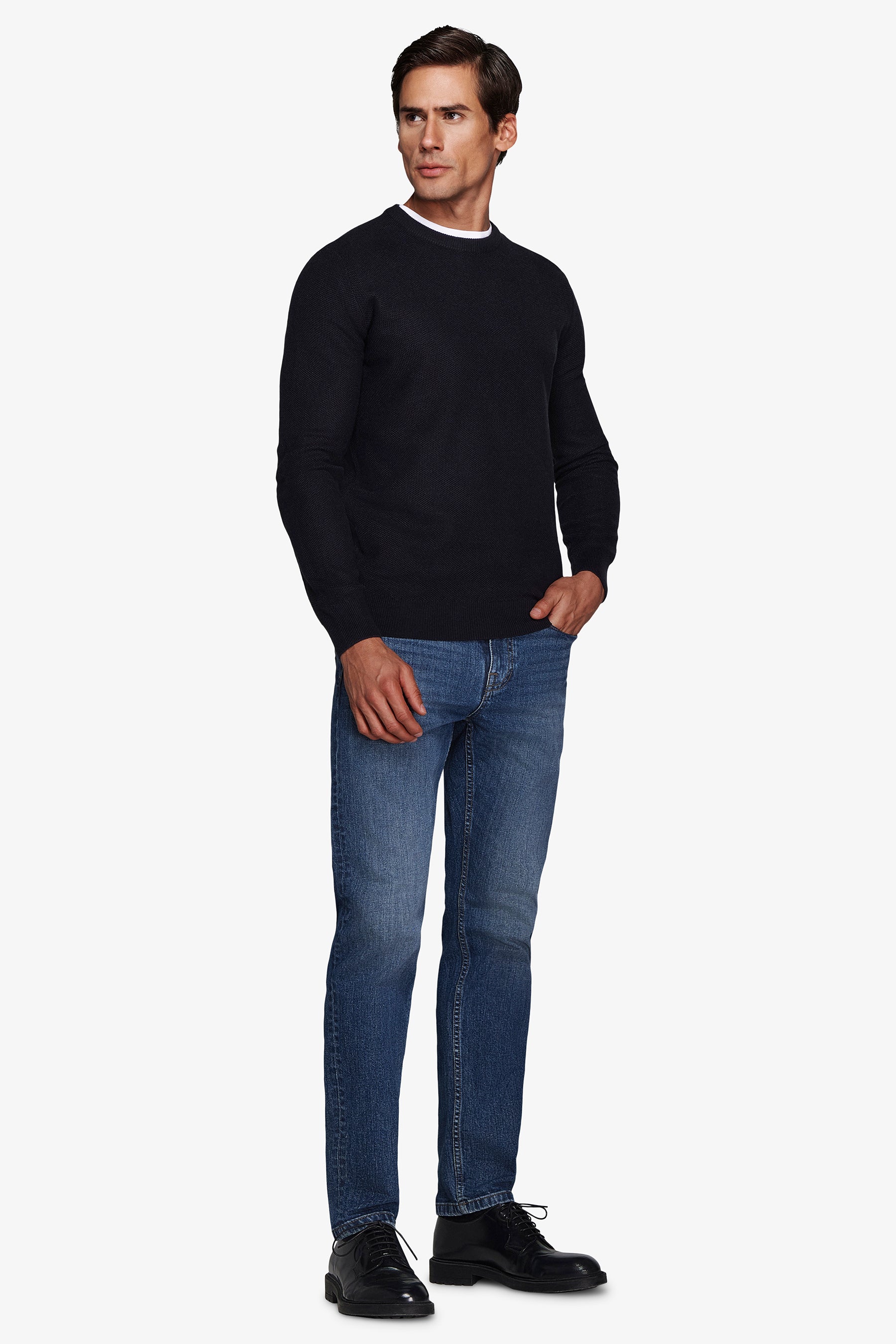 Blue rice stitch structured crewneck sweater