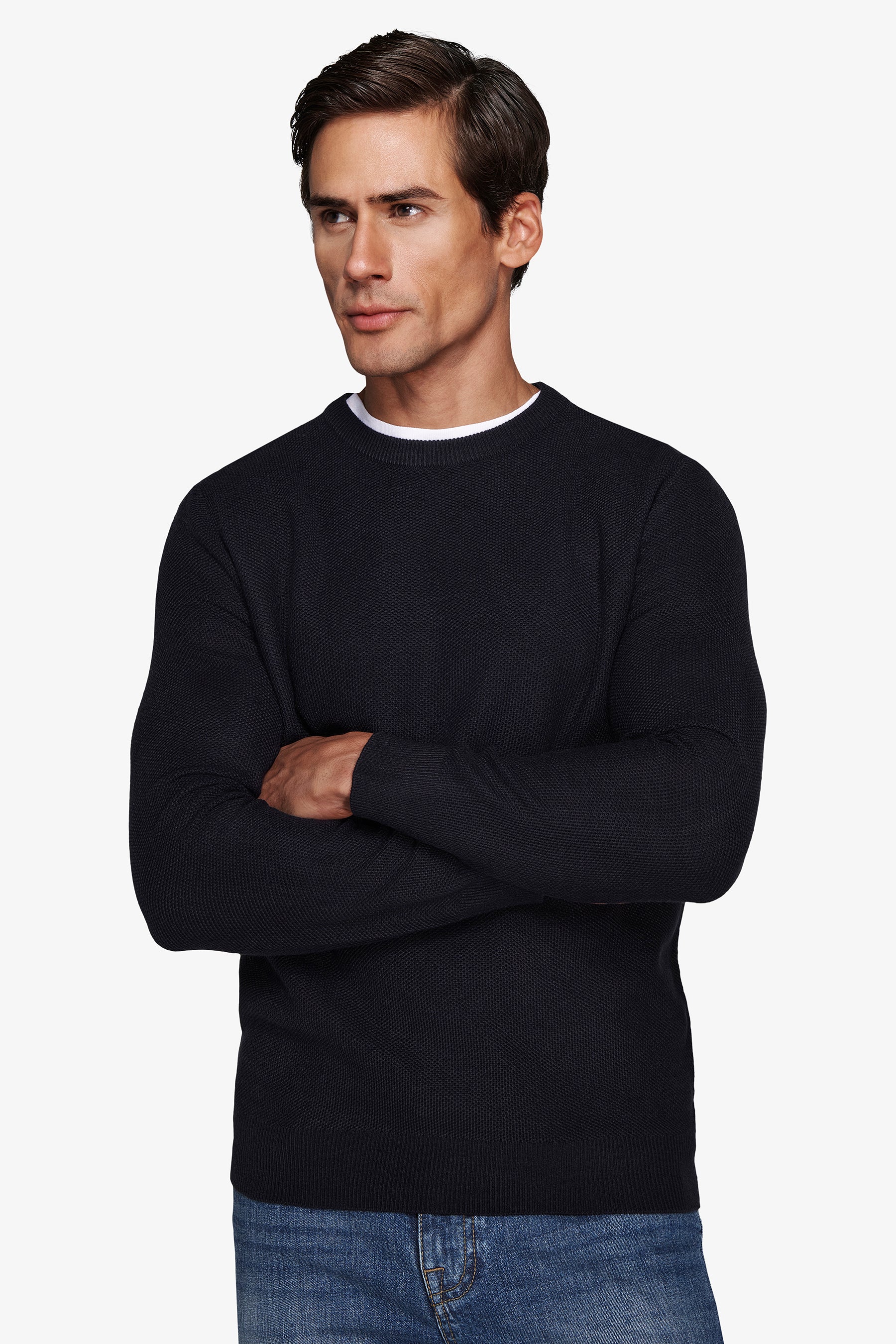 Blue rice stitch structured crewneck sweater