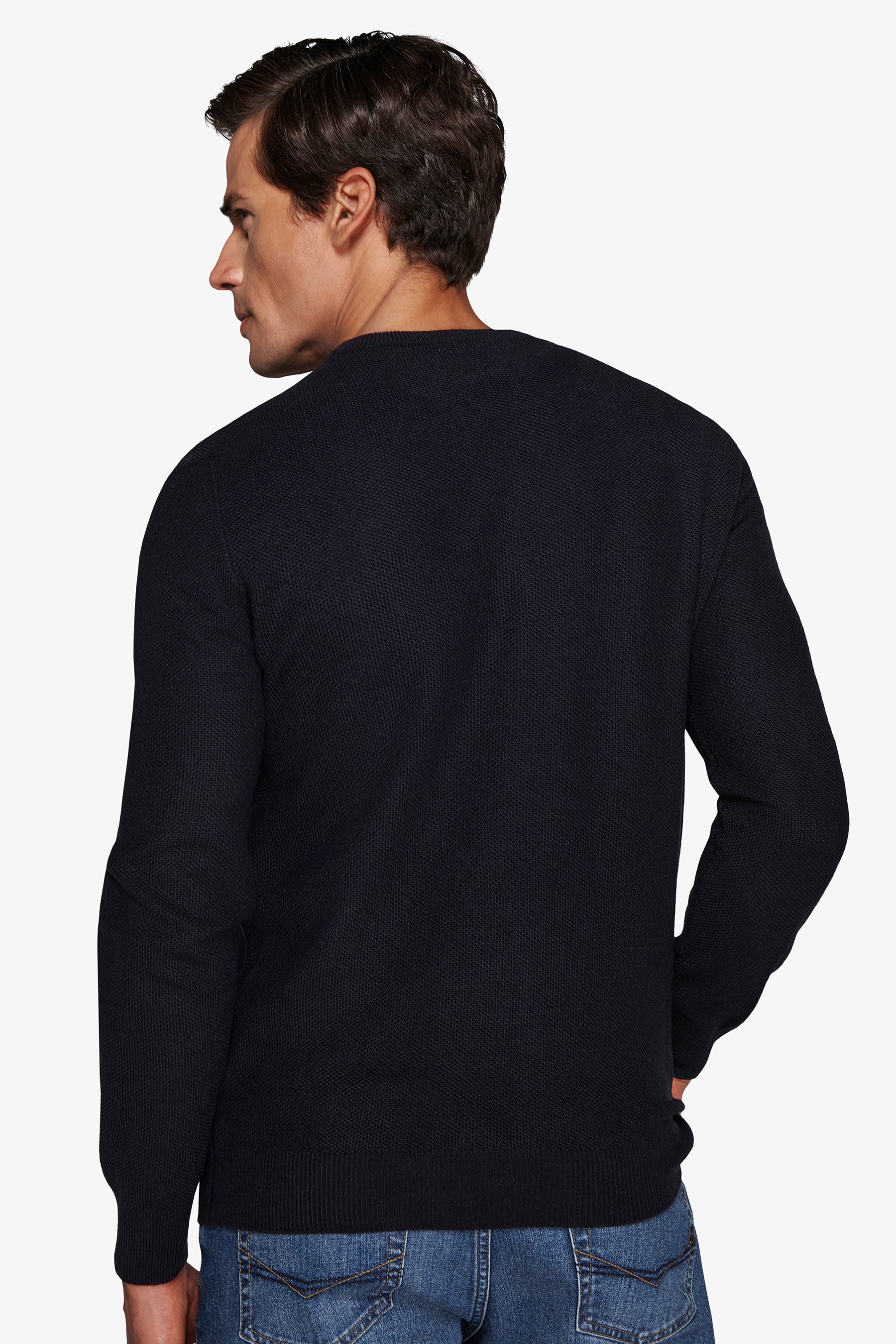 Blue rice stitch structured crewneck sweater